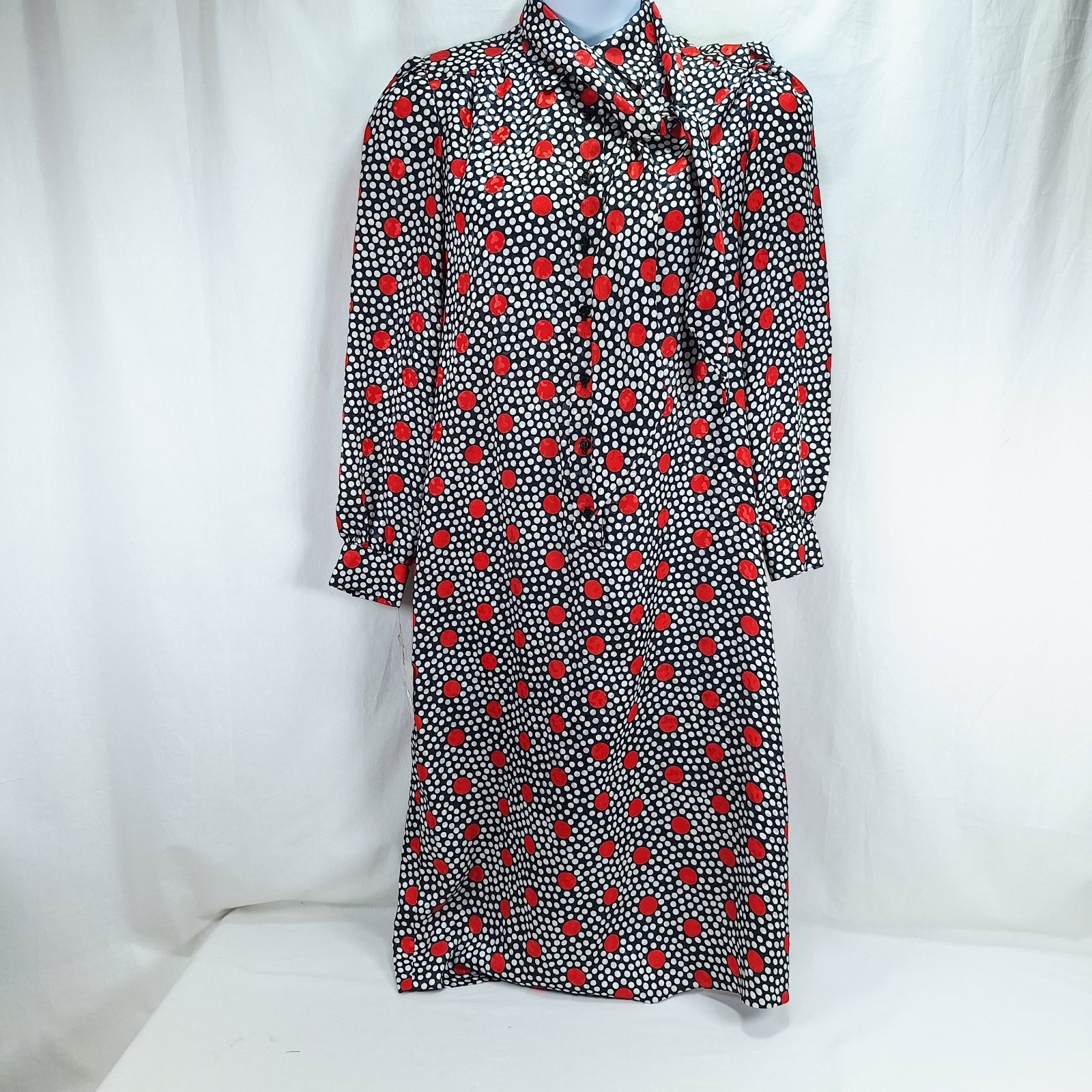 Vintage 1960s 1970s Nat Kaplan Couture Dress Black Red White Polka Dots Scarf