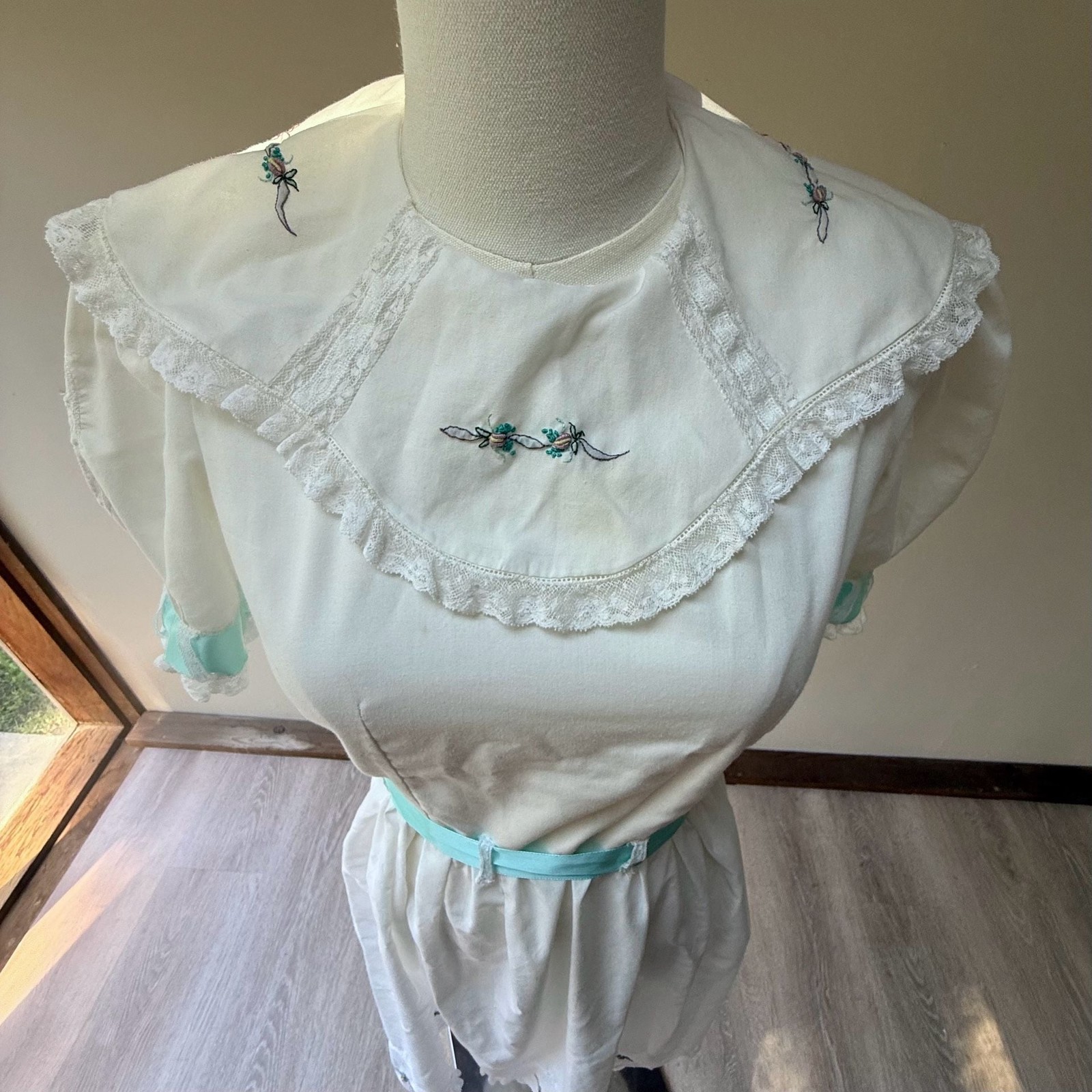 Vintage White Cotton Tea Dress with Aqua Ribbon Sash & Floral Embroidery