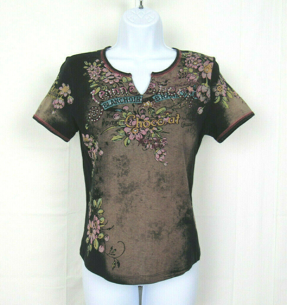 VTG 1960s 70s SAKS FIFTH AVENUE TOP BLANCHOIR CHOCOLATE RHINESTONES COTTON