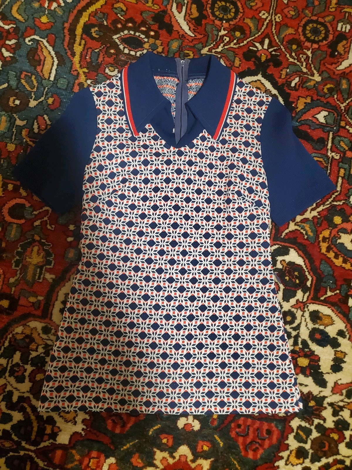 Blue 1970s Geometric Collared Short Sleeve Zip-Up Shirt S/M Short Length