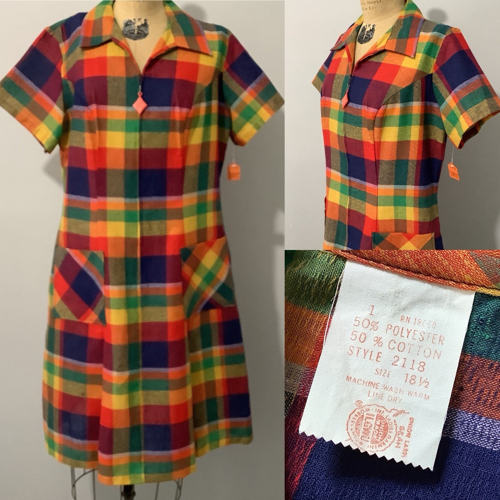 VTG 1960’s Colorful Plaid Cotton/Poly Dress Deadstock Mint With Tag XL B44”/W38”