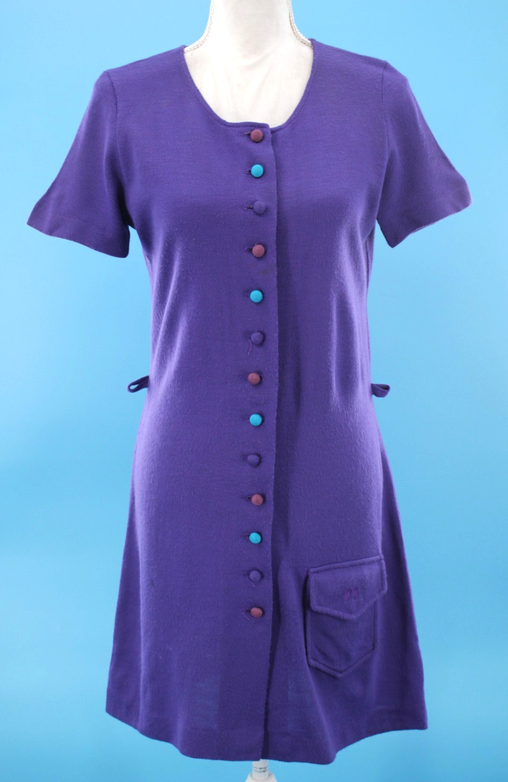 VTG Women&rsquo;s 60s 70s Purple Hang Ten Mini Dress W/ Multi Color Buttons S/M 1960s