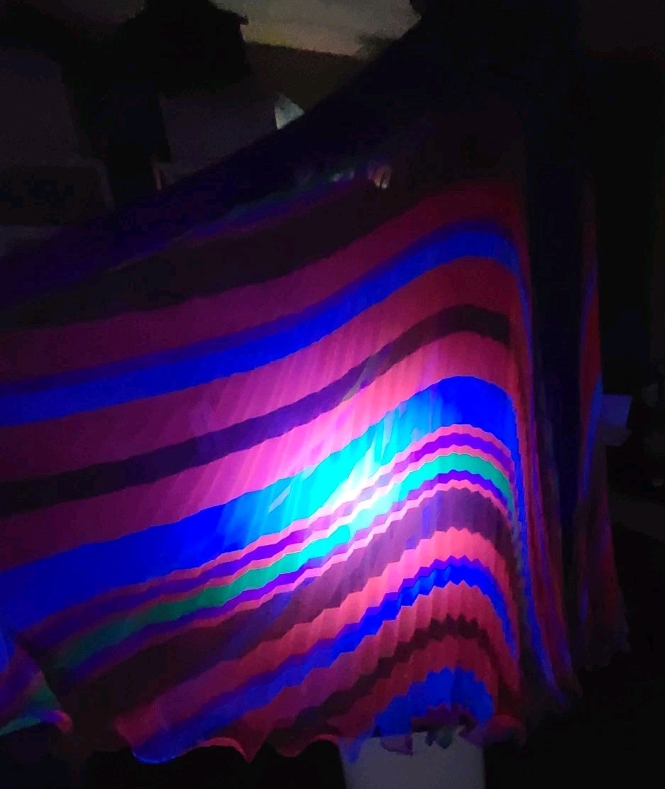 VTG Chiffon Pleated Rainbow Stripe Purple Maxi Dress Ruffle Collar V Neck UV Glo