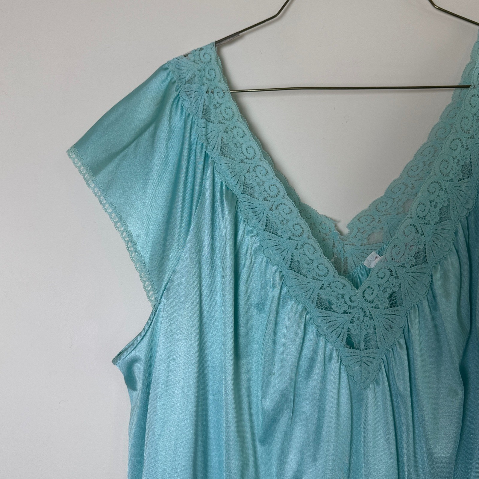 Vintage Vanity Fair Aqua Blue Nylon Nightgown Lace V-Neck XL Made in USA 70s