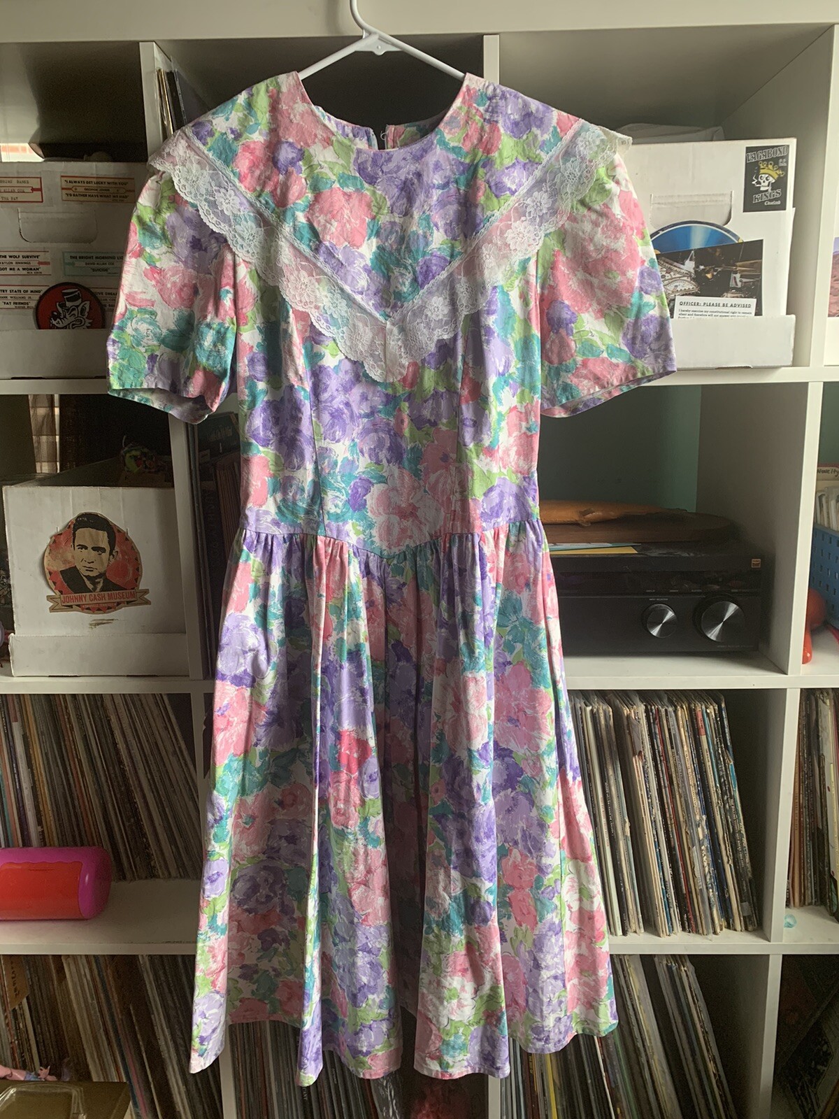 Vintage 80s Joni Blair Floral V-Waist Cotton Shirt Sleeved Dress Sz 7