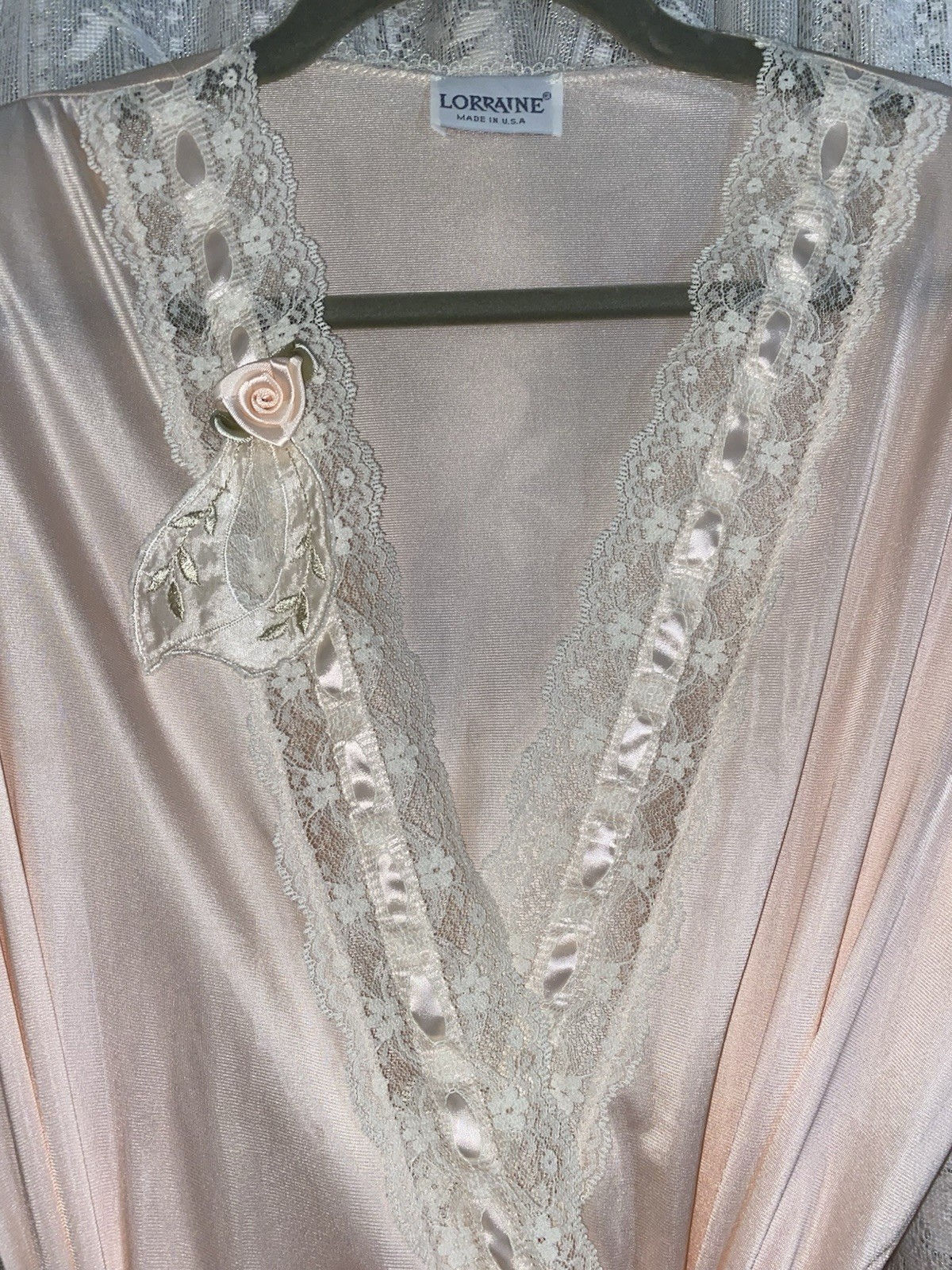 VTG S M FANCY LORRAINE PEACH SOFT Nylon WRAP Peignoir Robe Nightgown w Lace SET