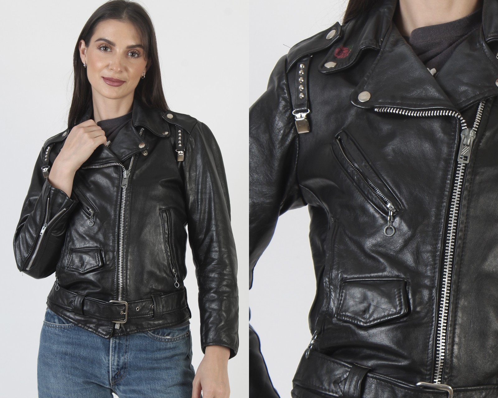 Vtg Gino Leather Black Leather Motorcycle Jacket Belted Asym Cropped Biker Coat