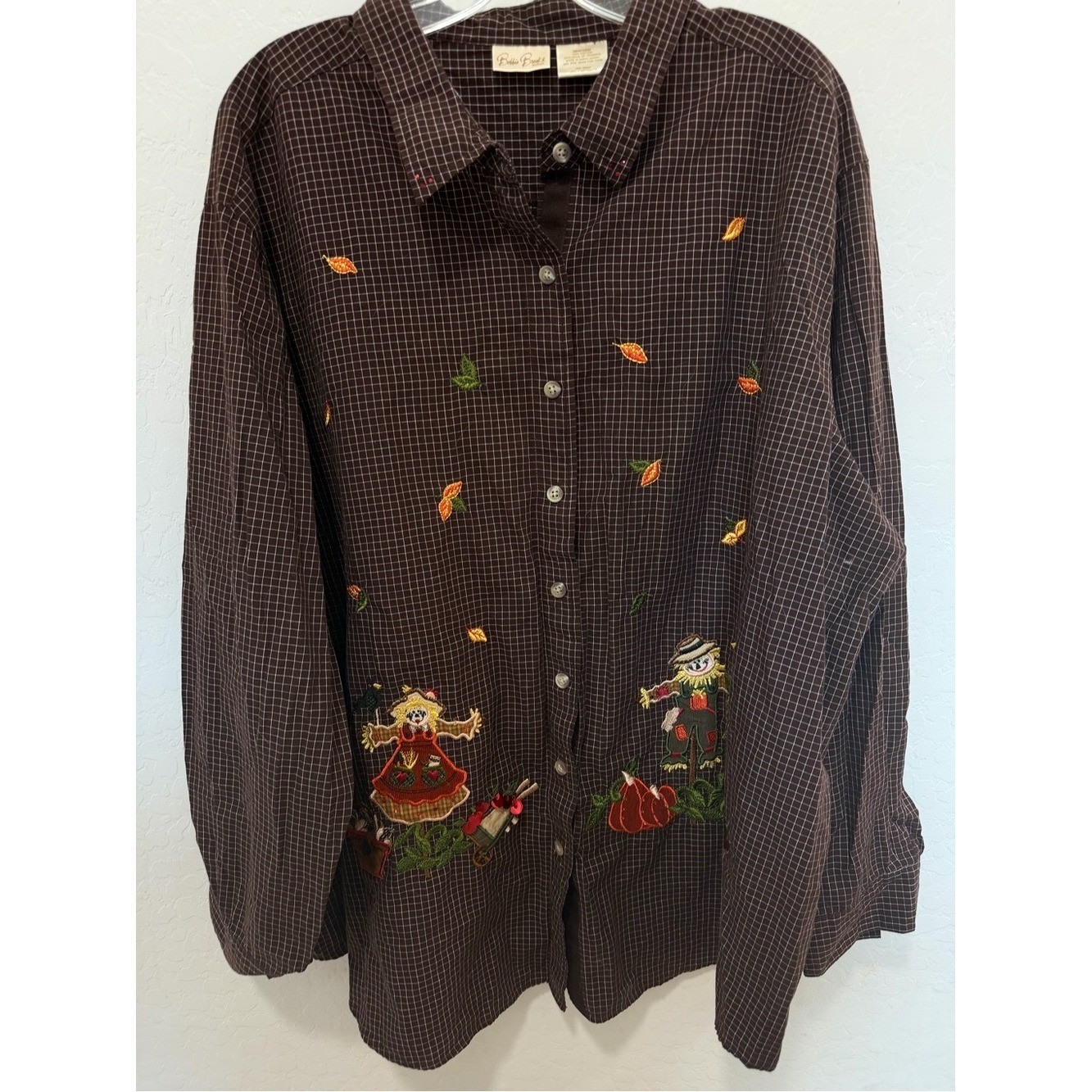 Vtg fall pumpkin scarecrow Plaid Button-Up Shirt plus 26 28W embroidered