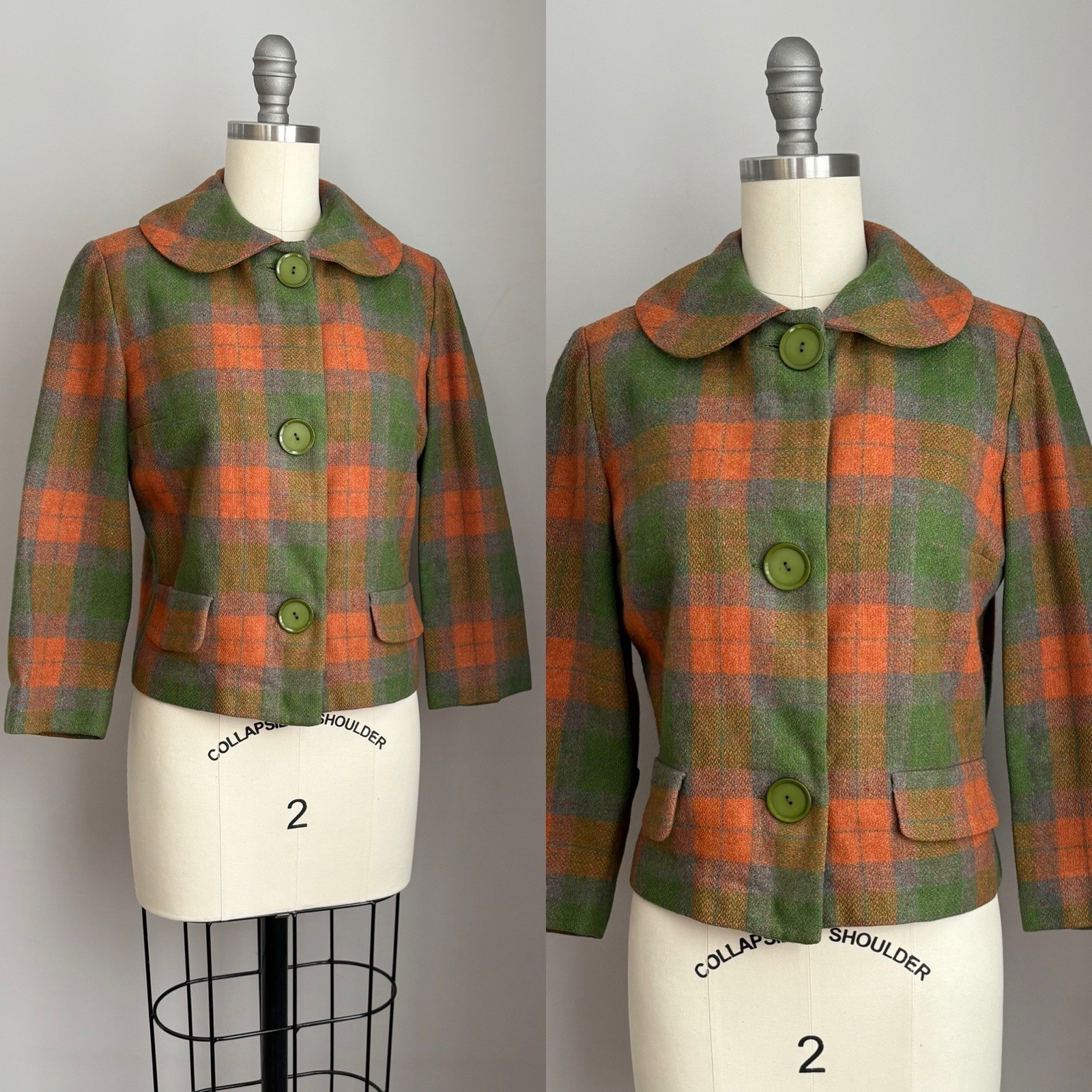 Vintage 1950’s Rainbow Plaid Wool Cropped Peter Pan collar Jacket XS/S