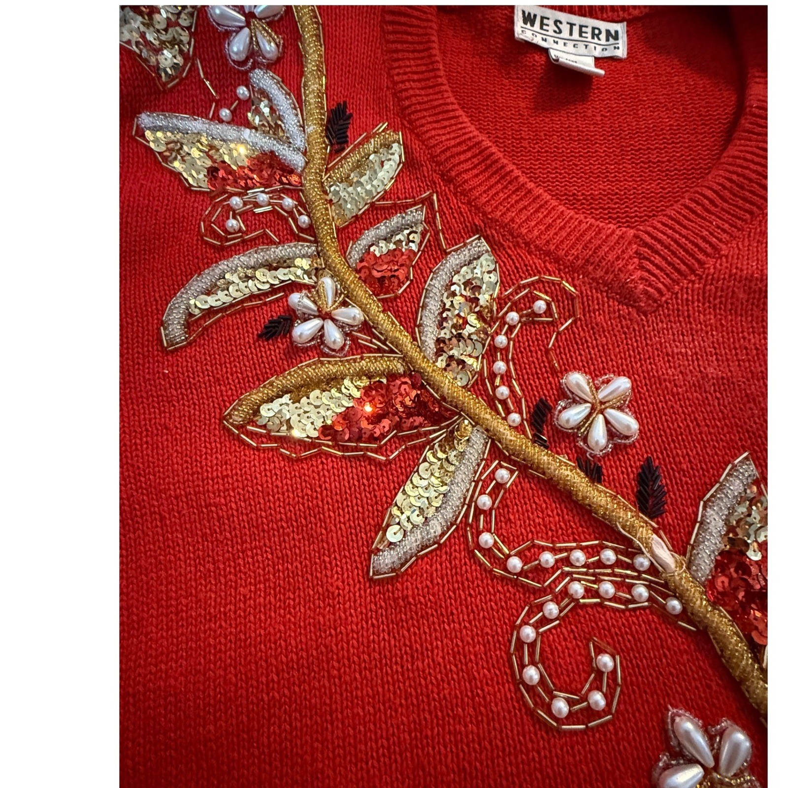 Kitschy Retro Vintage Western Connection Red Sweater Sequin Pearl Embellished S