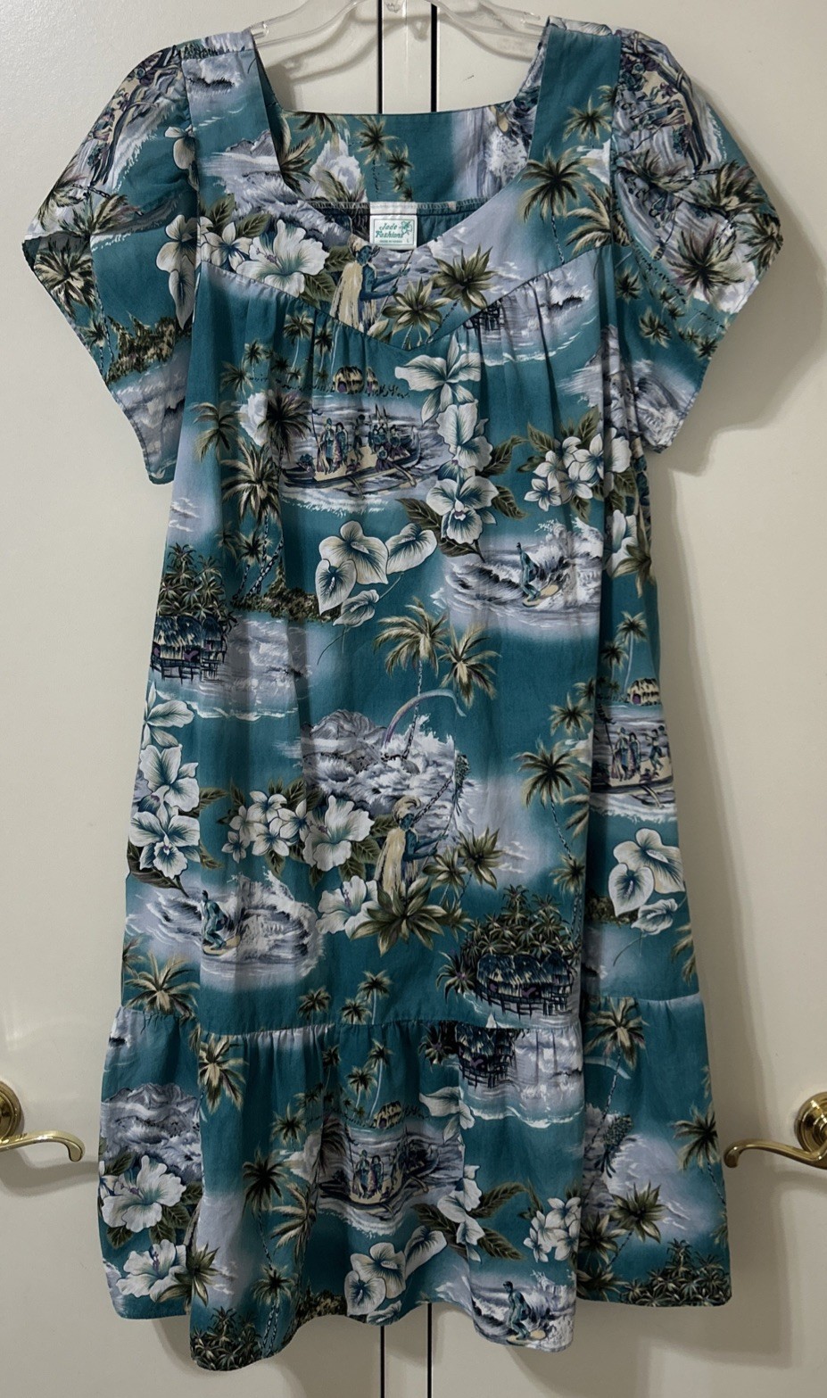 Vintage 90s Tropical Floral Print Hawaiian Muumuu Dress Cotton L Made in Hawaii