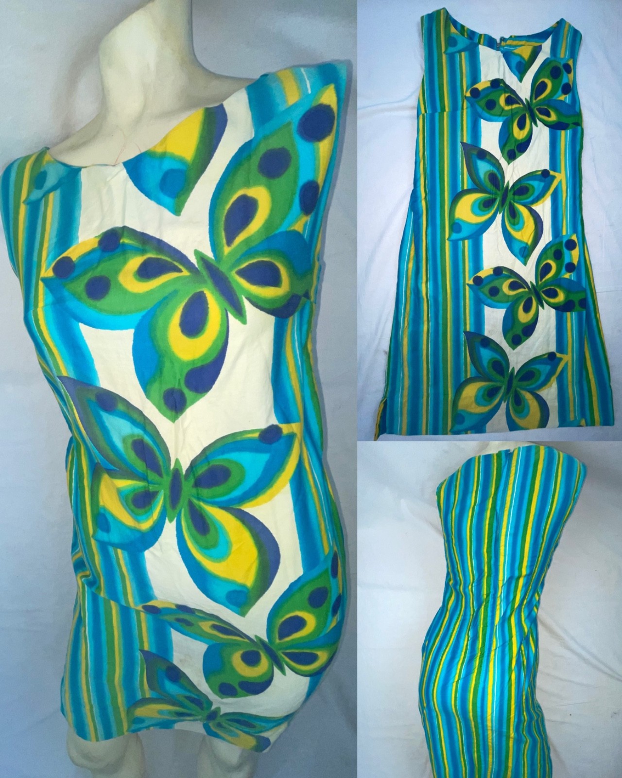 VTG 60 70S WOMENS BUTTERFLY STRIPE HIPPY TRIPPY CRAZY DISCO MOD GOGO MINI DRESS
