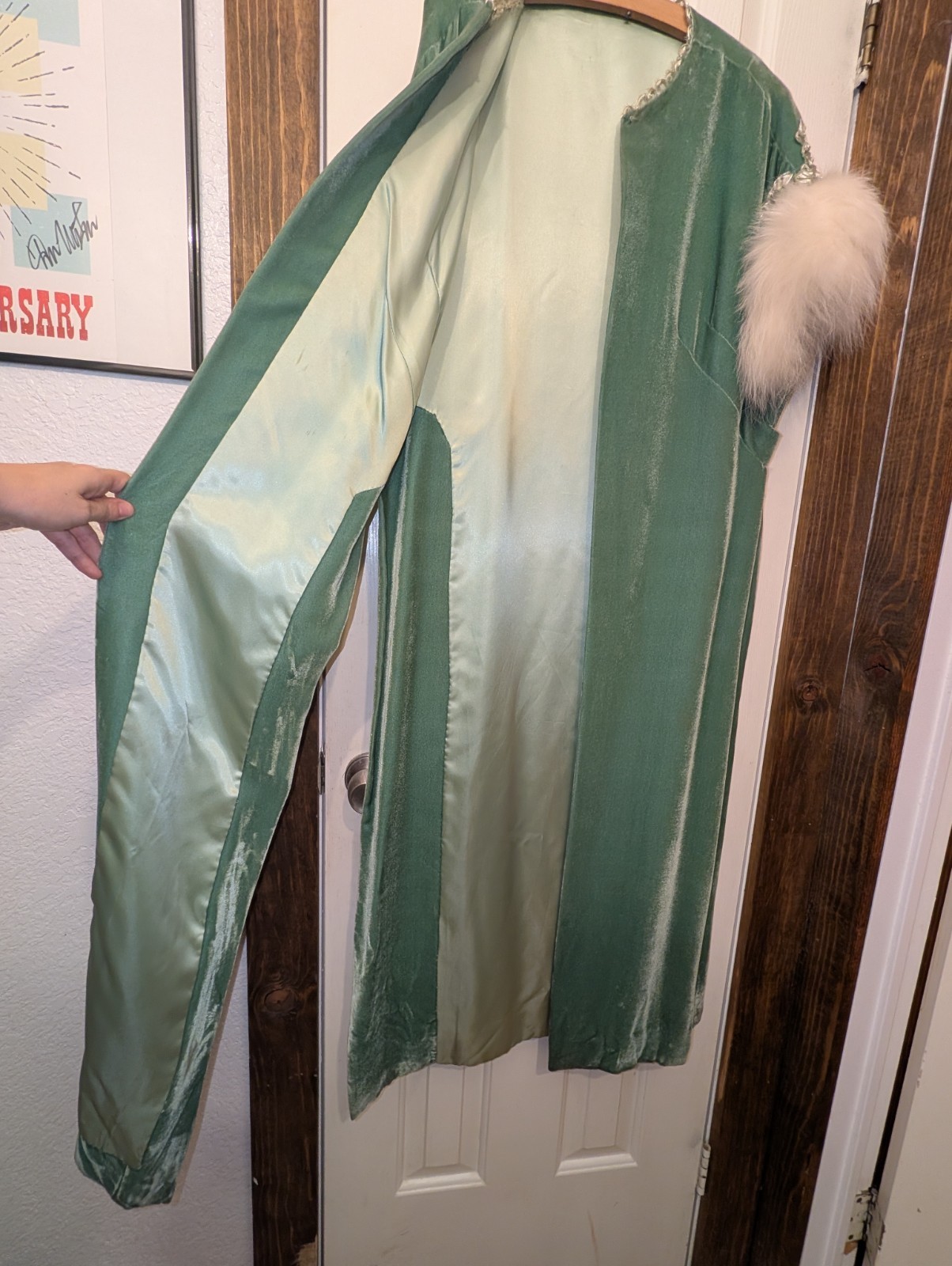 Vintage Handmade Green Beaded Evening Gown Size 0 w/ Coat Fur Accessories AS IS