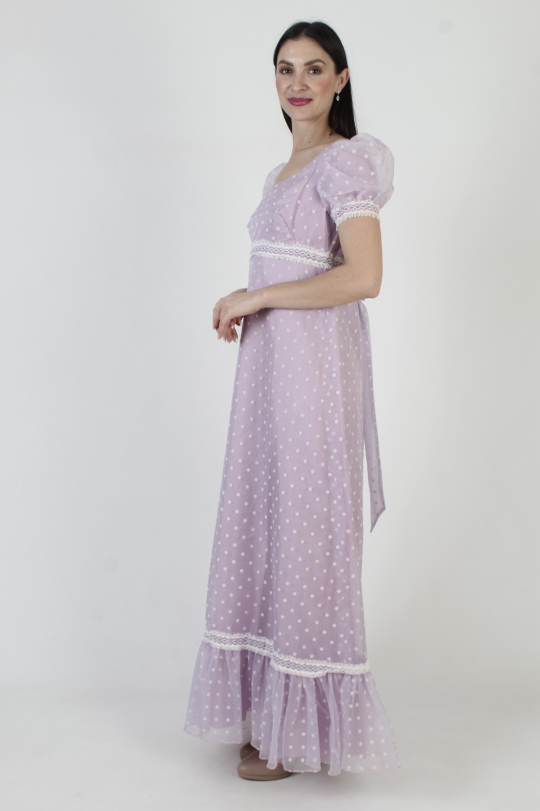 Vtg Violet High Waist Dress Wht Polka Dot Victorian Prairie Evening Prom Gown
