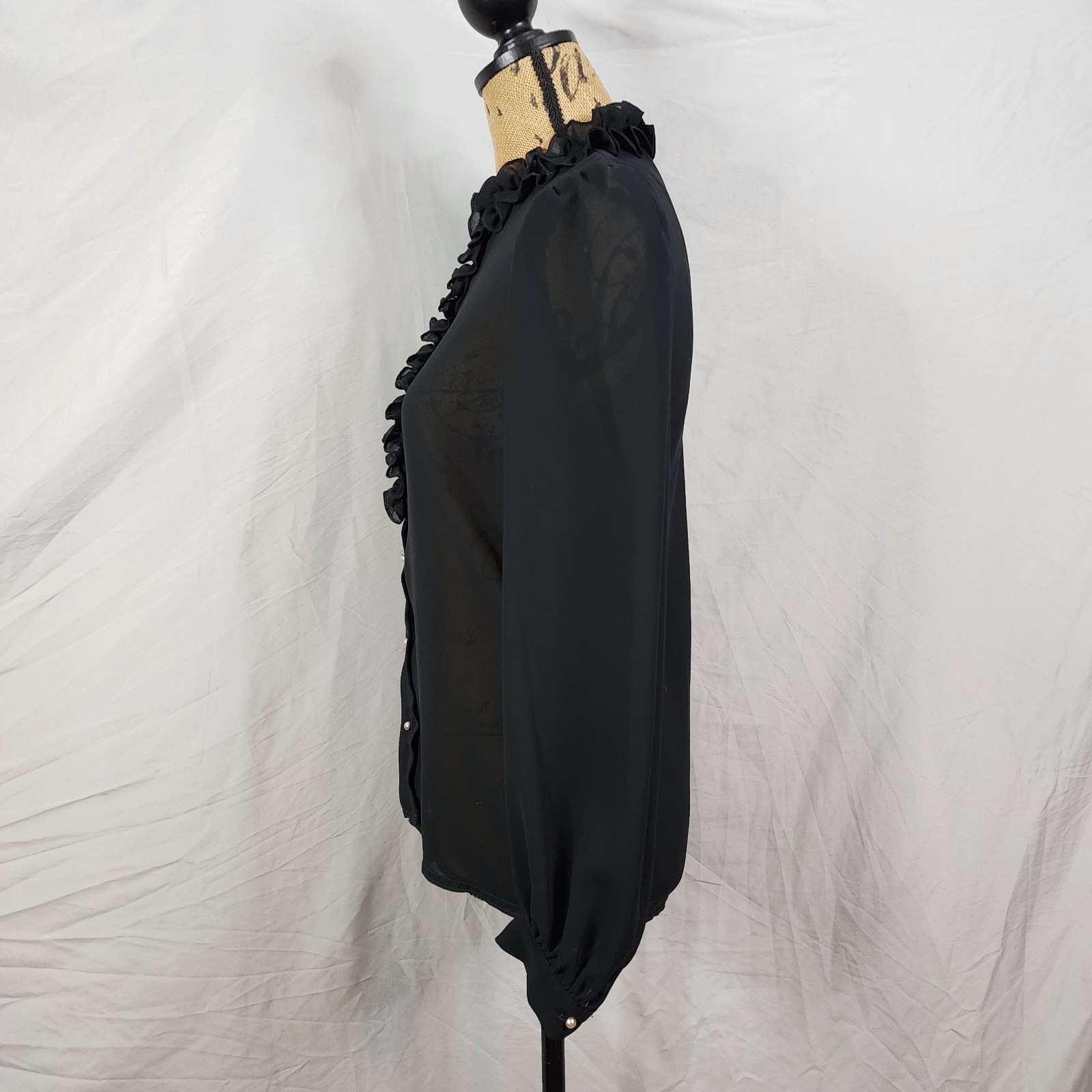 Vtg 70s JAMBOREE Size Small Couture Sheer Black Pearl Button Ruffle Neck Blouse