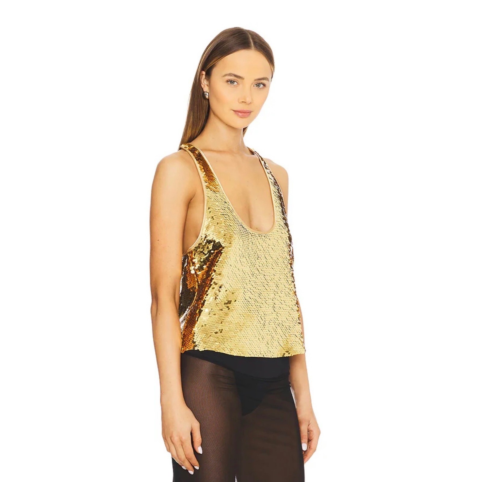 NWT Retrofete Mandy Gold Sequin Racerback Blouse Size XS Designer Luxury