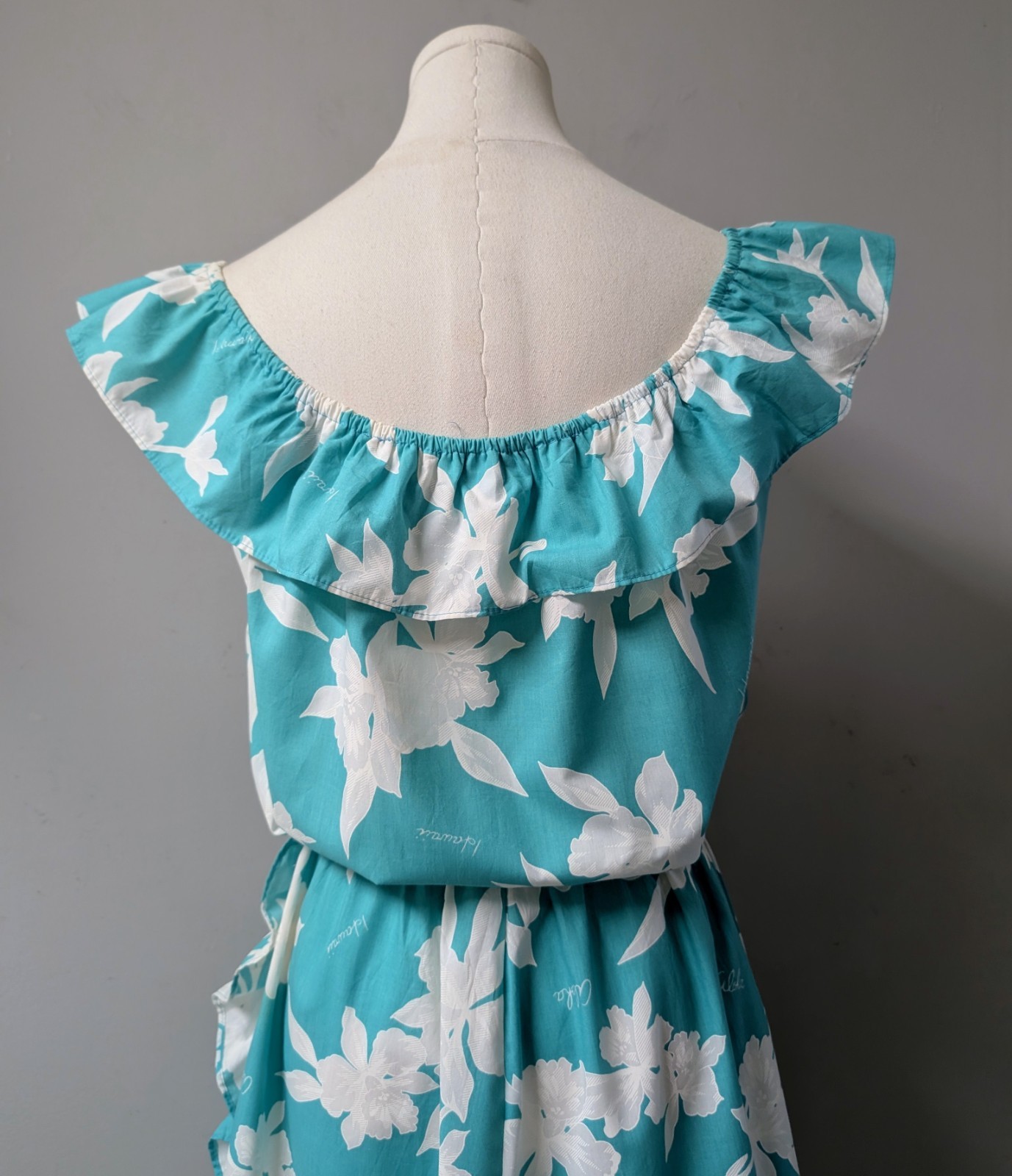 Vintage 70&rsquo;s Basically Hawaiian Aqua White Side Ruffle Dress Made In Hawaii M