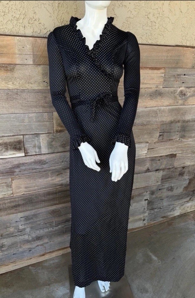 Vtg 70s ILGWU Union Made Black White Polka Dot Long Sleeve Maxi Dress Size 9