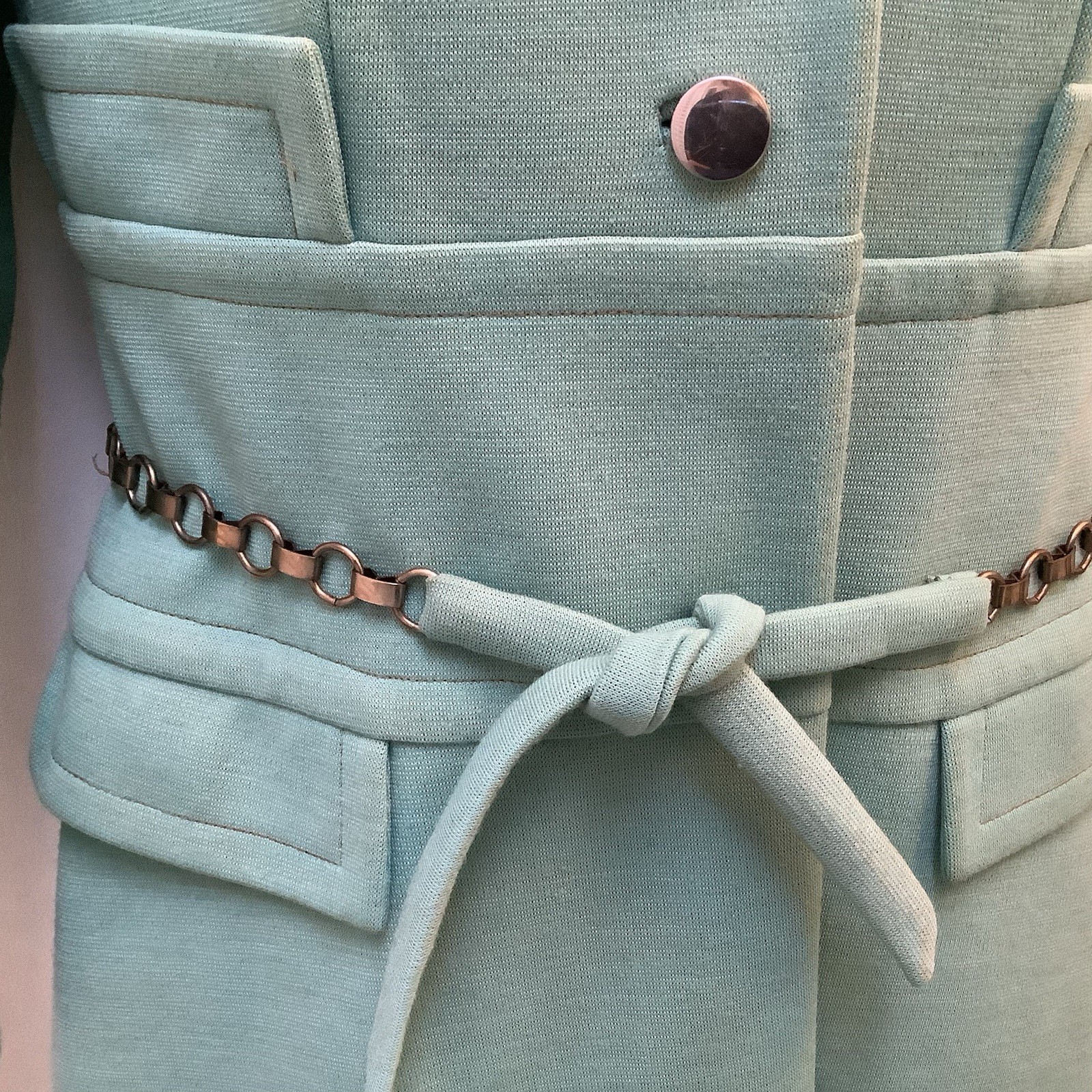Vtg 60s 70 Mod 3 Piece Knit Pants belted Tunic top pants Coat Belt hipster Aqua