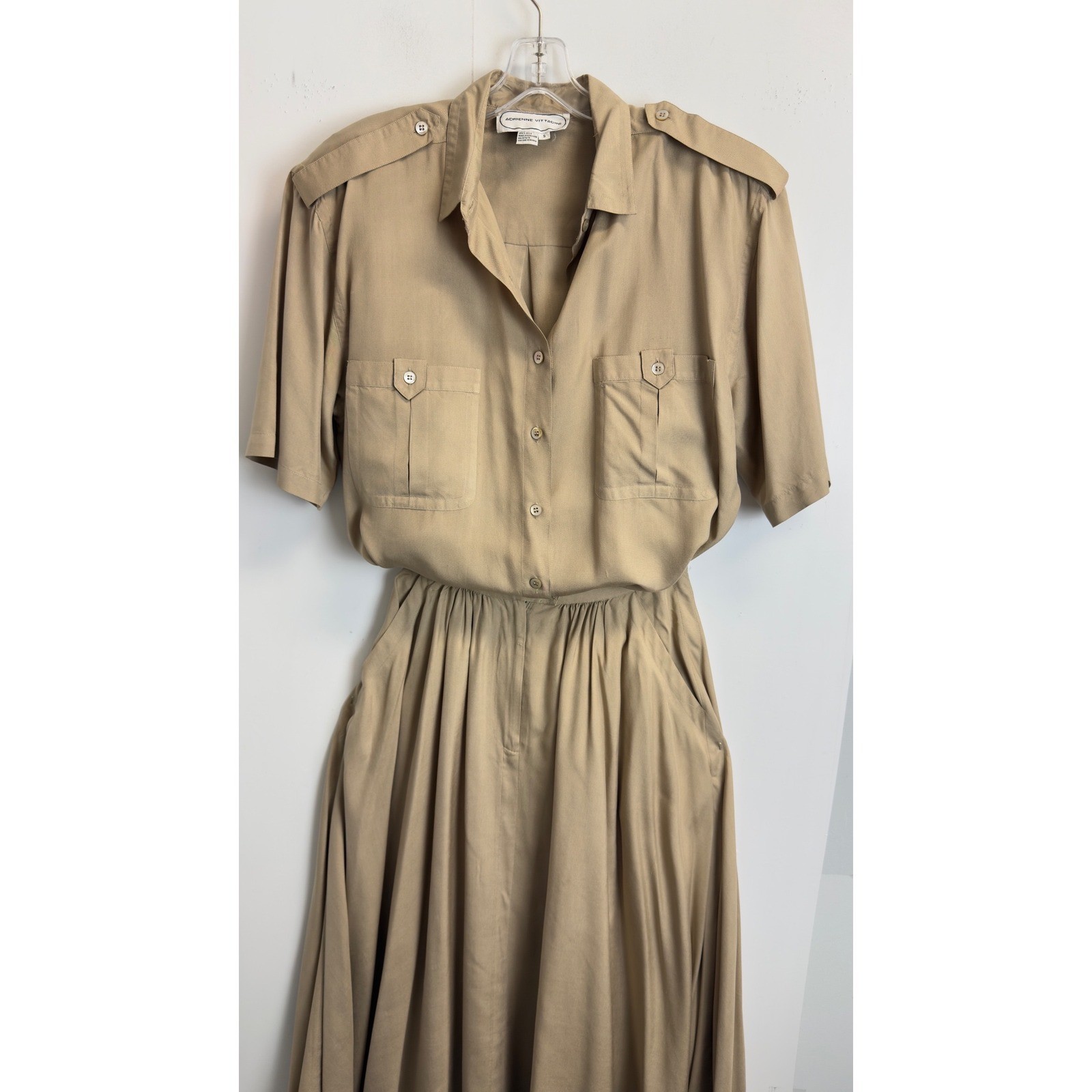 Adrienne Vittadini Vintage 100% Silk 2 Piece Safari Skirt Set Khaki Tan S/6