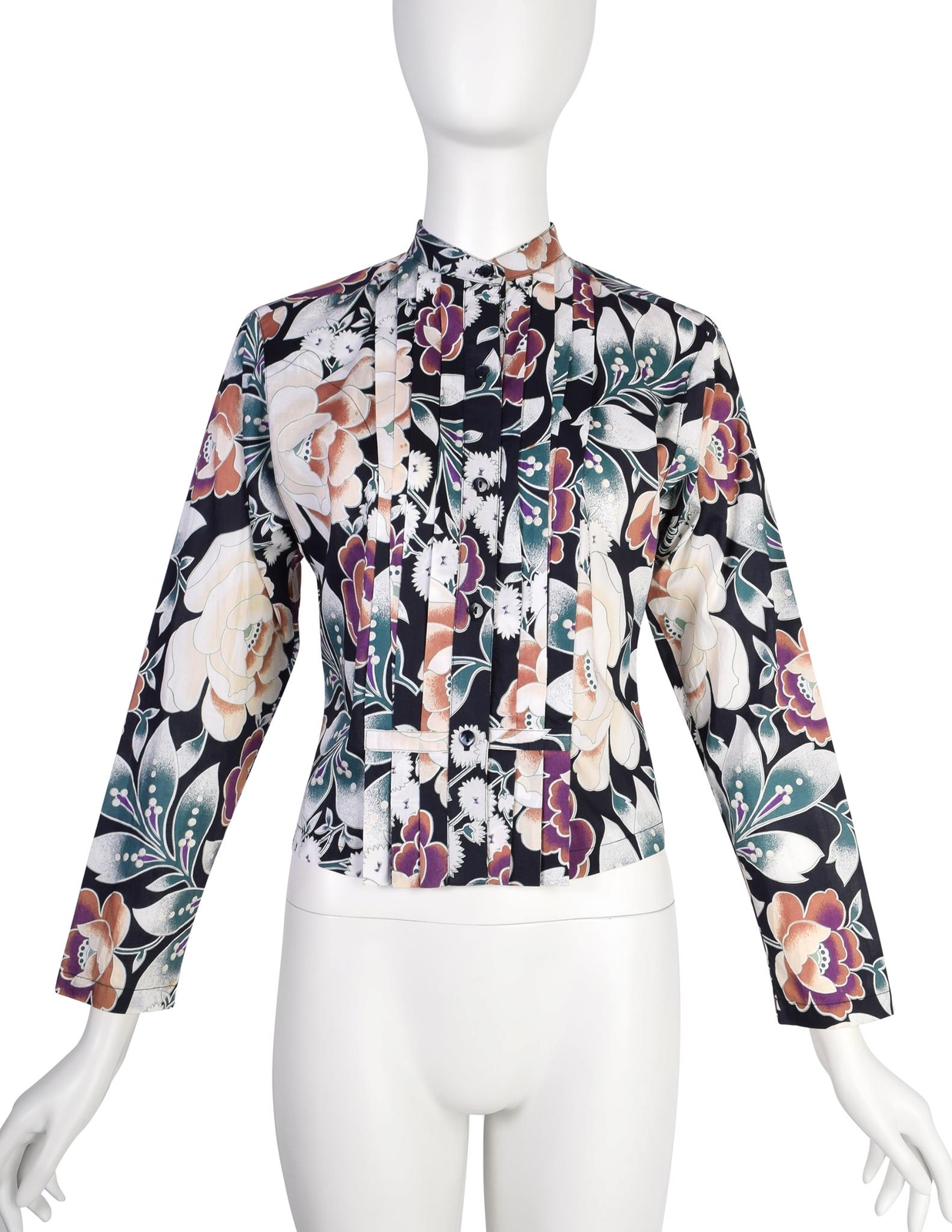Kenzo Vintage 1980s Black Multicolor Floral Pleated Cotton Shirt