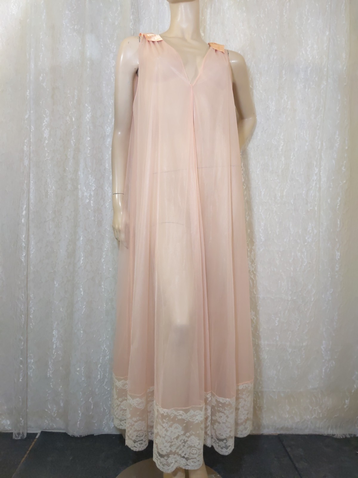 Vintage Double Layer Shear Chiffon Satin Bow Luxurious Lace Peignoir Robe M L XL