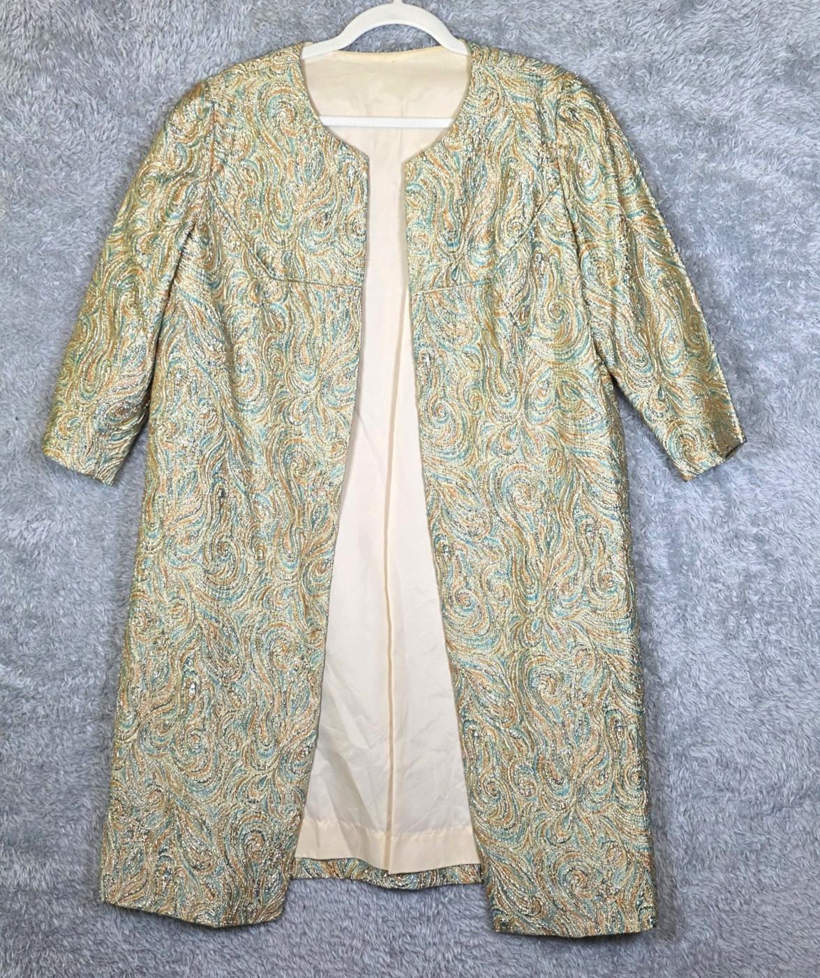 Vtg 60s Metallic Gold Brocade Opera Coat Blazer Teal Paisley Evening Jacket M L