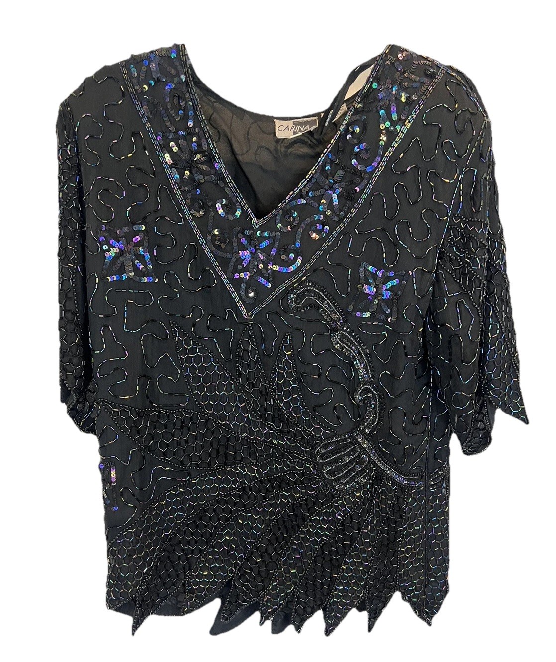 Vintage Carina Silk Sequin Black Beaded Elegant Evening Wear Glam Top Women’s M