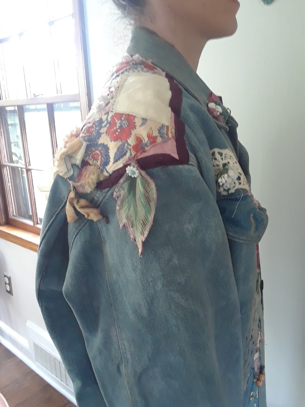 80s BoHo Embellished Jean Jacket Flowers Figures Trinkets Lace by Lilla