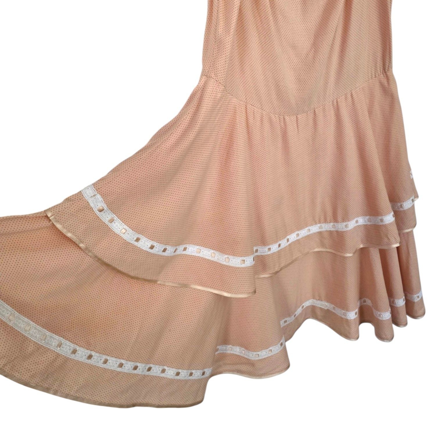 Vintage Emmanuel Schvili Peach Swiss Dot Drop Waist Tiered Coquette Summer Dress