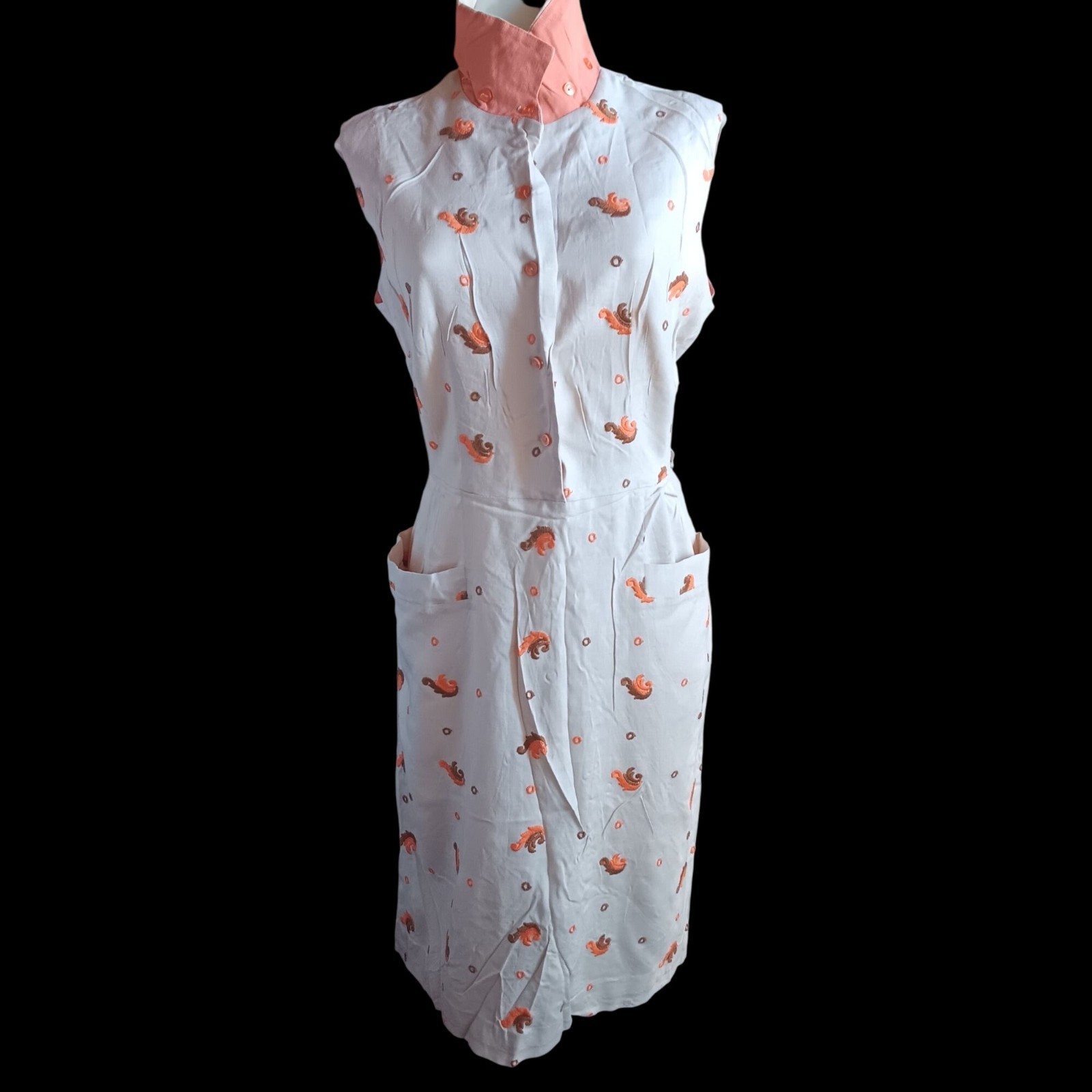 True Vintage Dress 20.5 1950&rsquo;s Sleeveless Embroidered Beige Orange Dress Rayon