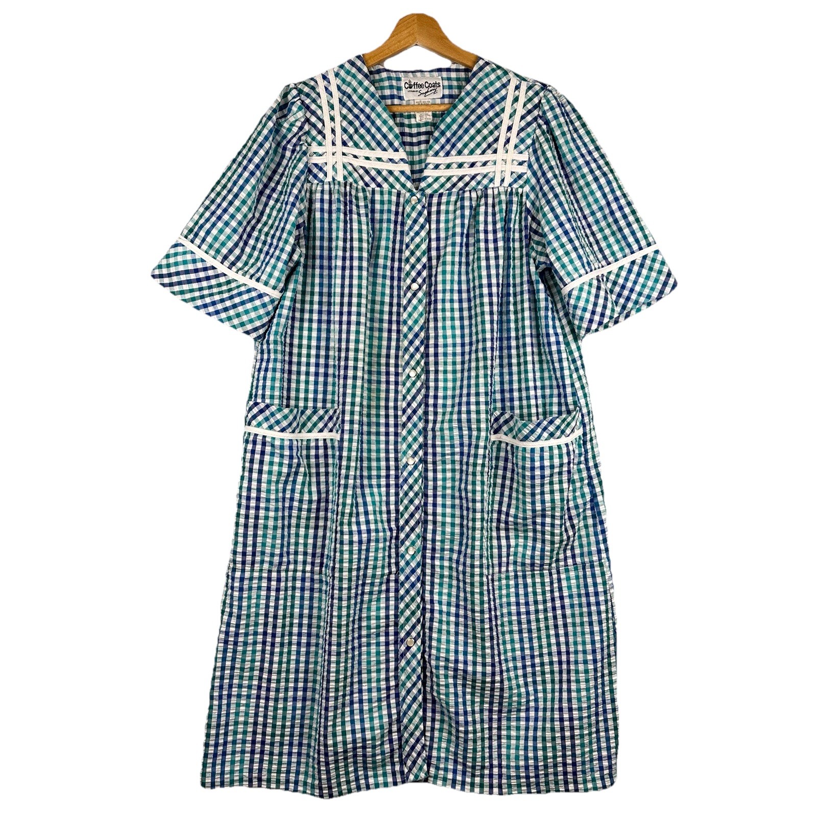 Vtg Coffee Coats By Saybury Snap House Coat Dress Sz Small Blue Green Seersucker