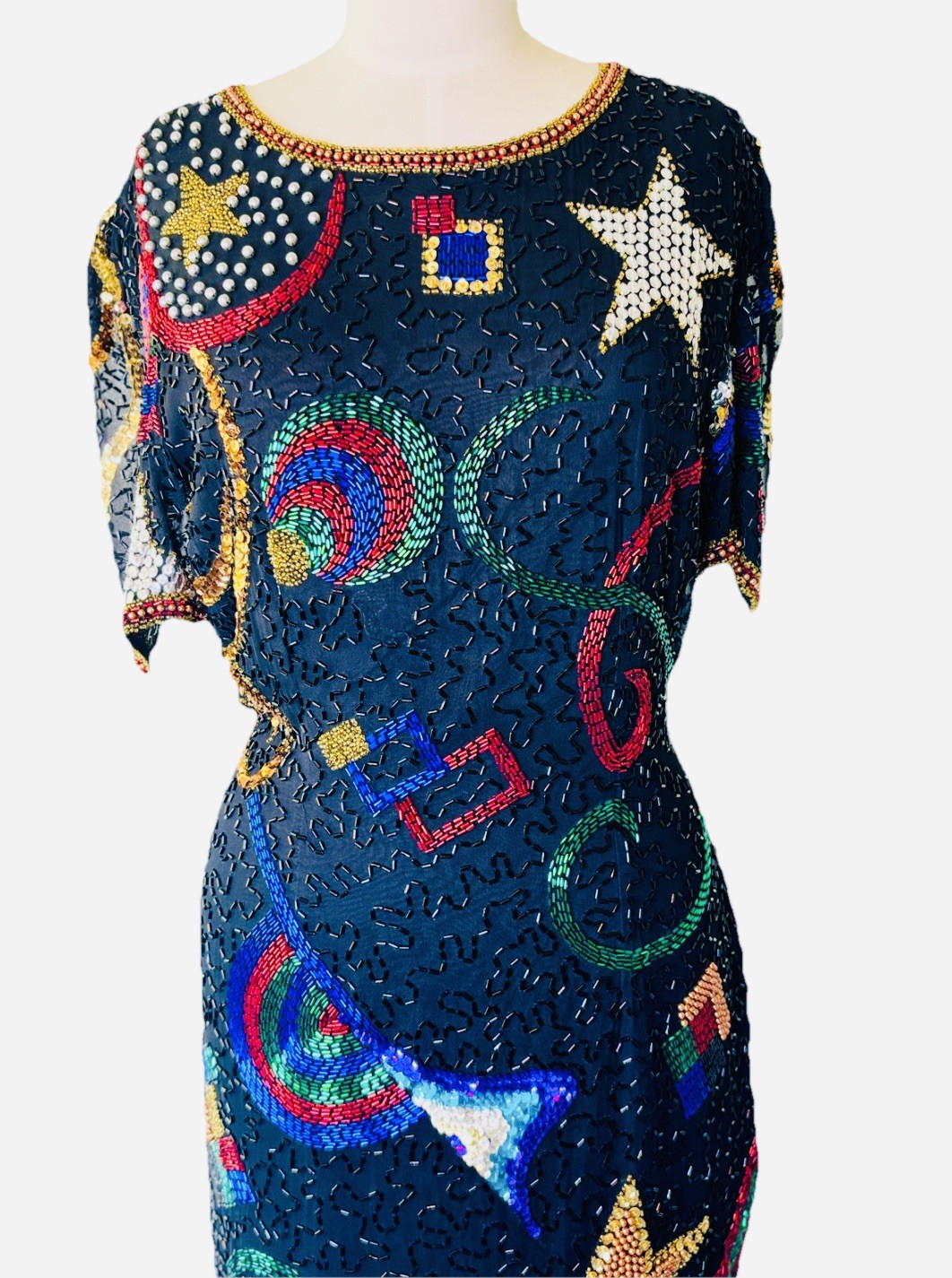 Vintage 80s Silk Heavily Hand Beaded Sequin Celestial Dress by Nadine Boutique
