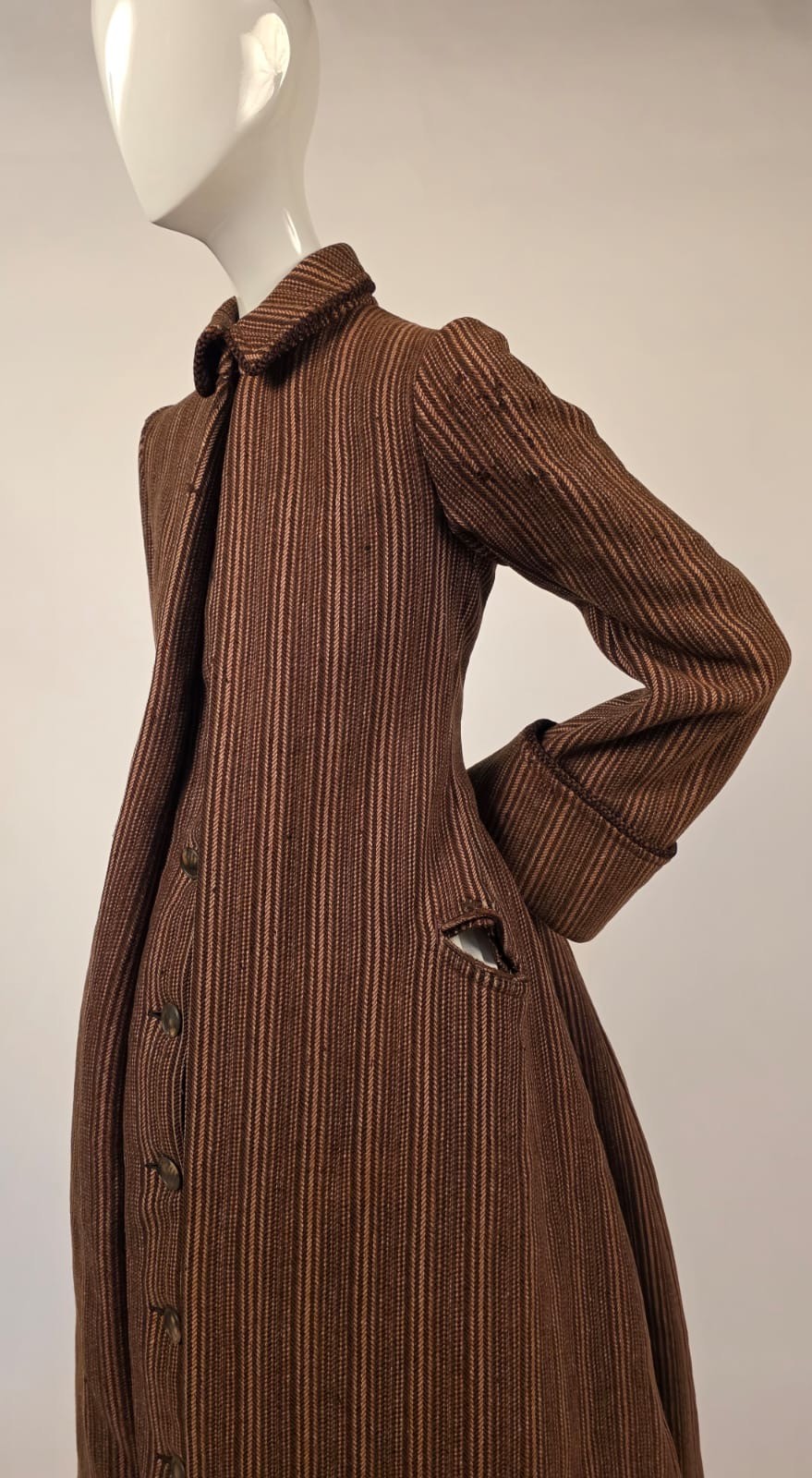 VICTORIAN 1880’S FLANNEL LINED STRIPED WOOL BUSTLE BACK DRESS COAT