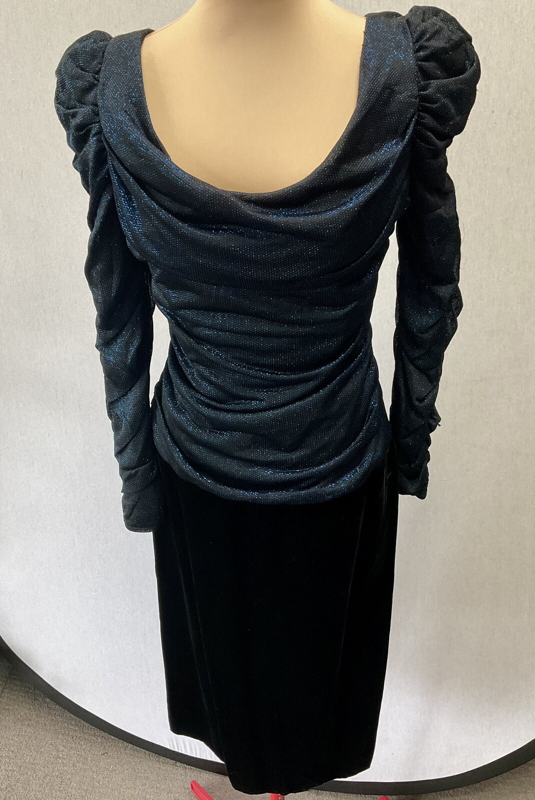 Vintage 1980s Evening Cocktail Soap Opera Dress Blue Glitter Black Velvet Medium