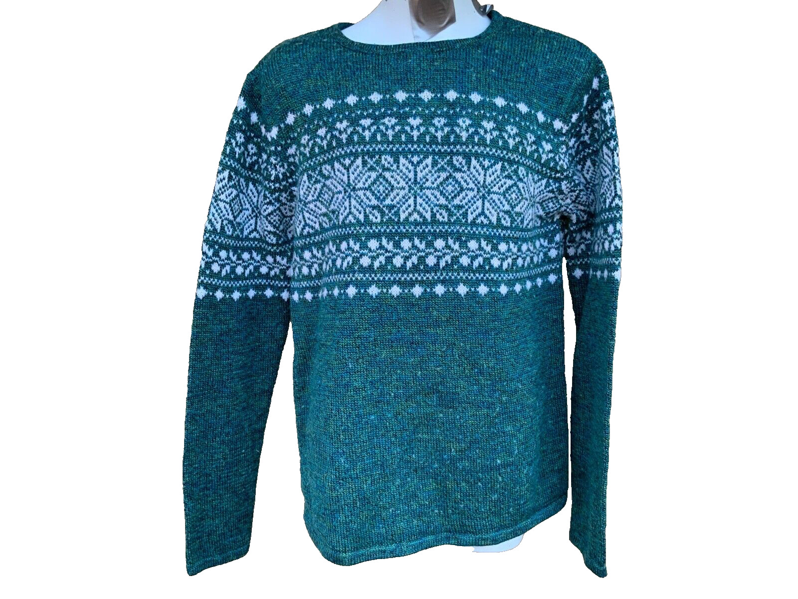 Alliance Vintage 80s Sweater green with white snowflakes M pullover acrylic