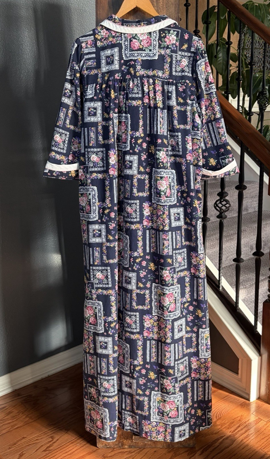 VTG Models Coat House Dress Patchwork Floral Blue Pink Snap Buttons Pockets
