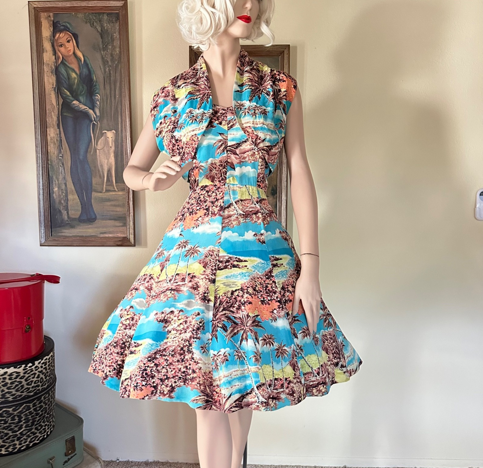 Vintage 1950s Royal Hawaiian Silk Circle Sun Dress & Shrug Bolero Set S/M
