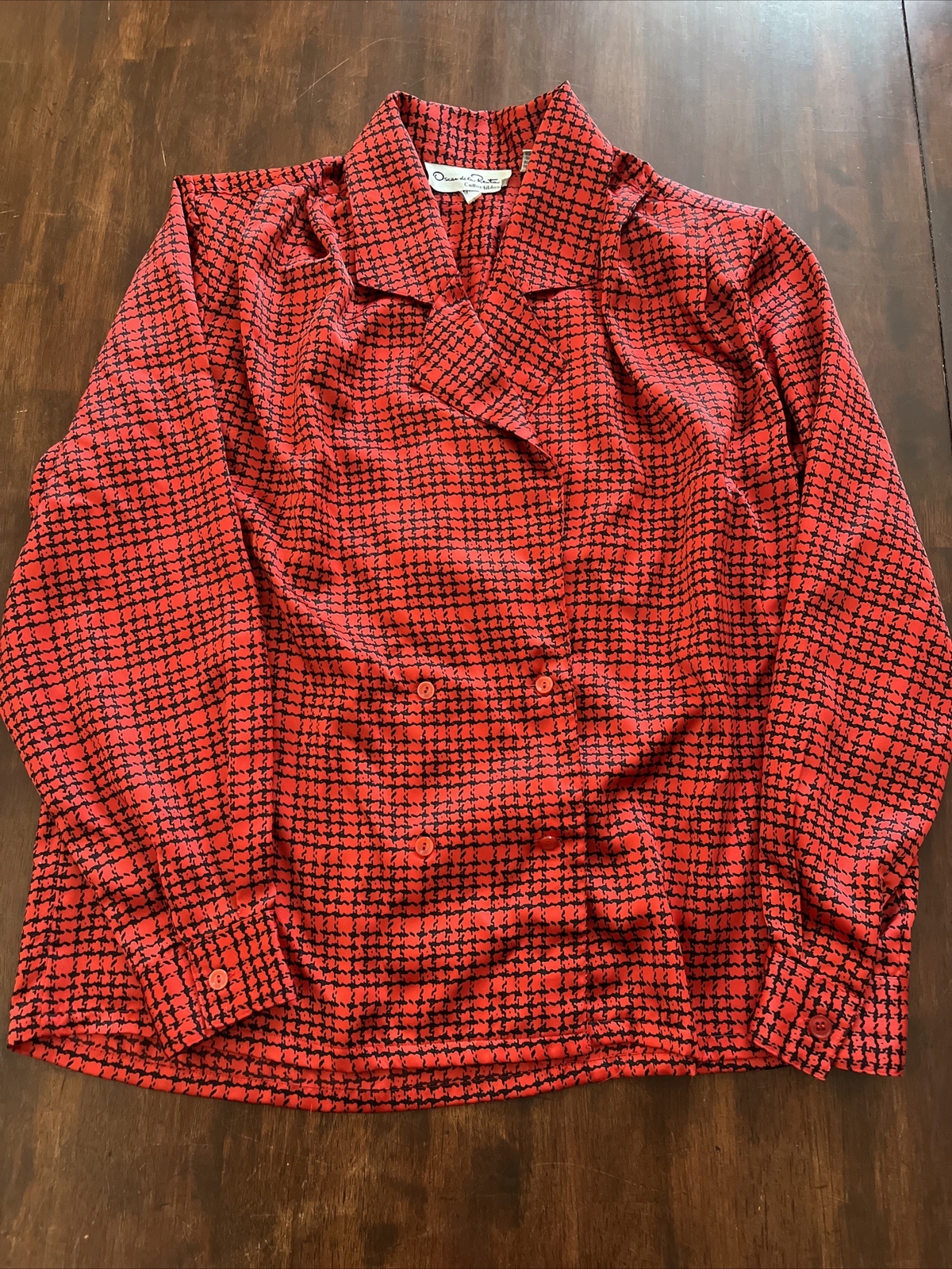 vintage oscar de la renta Silky Polyester Button Up Shirt Pleats & Shoulder Pads
