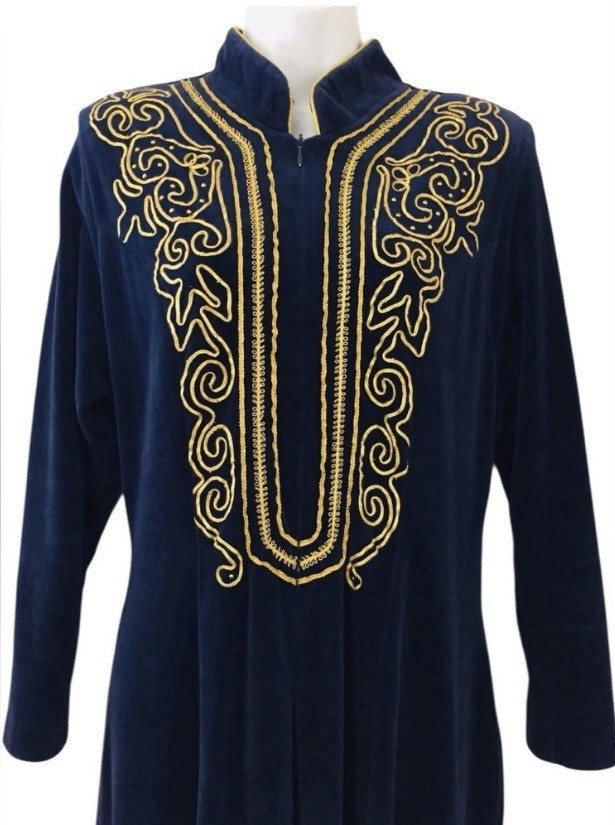 David Brown California 1970’s Dark Blue Velour Hostess Dress House Robe M USA