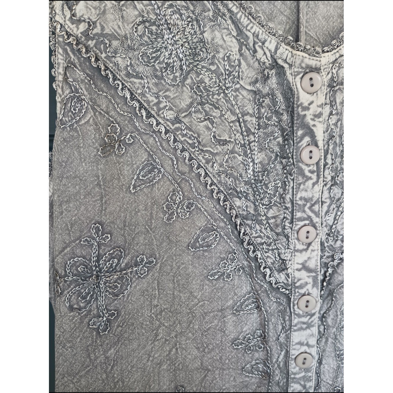 Embroidered Sleeveless Button-Front Lt Grey Dress Boho Hippie 70s Beach Size M