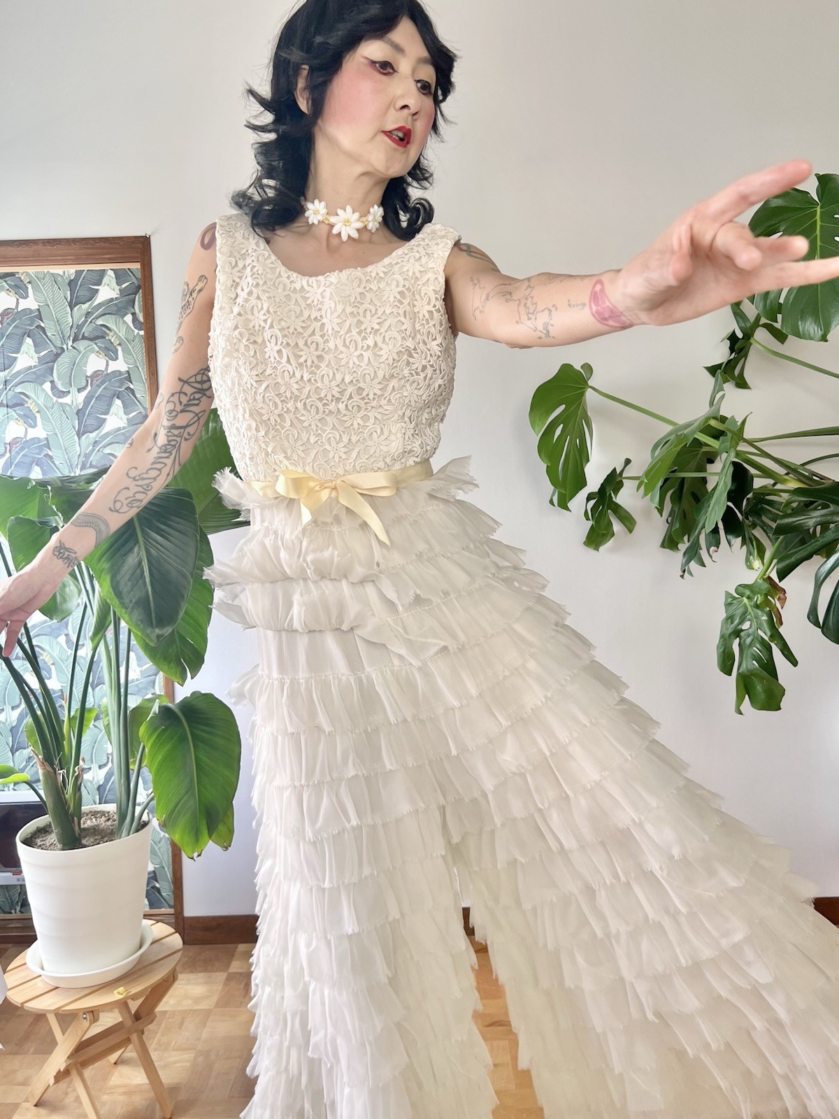 VTG 60s Kadine Lace Palazzo Jumpsuit White Tiered Chiffon Ruffle Mod Bridal S