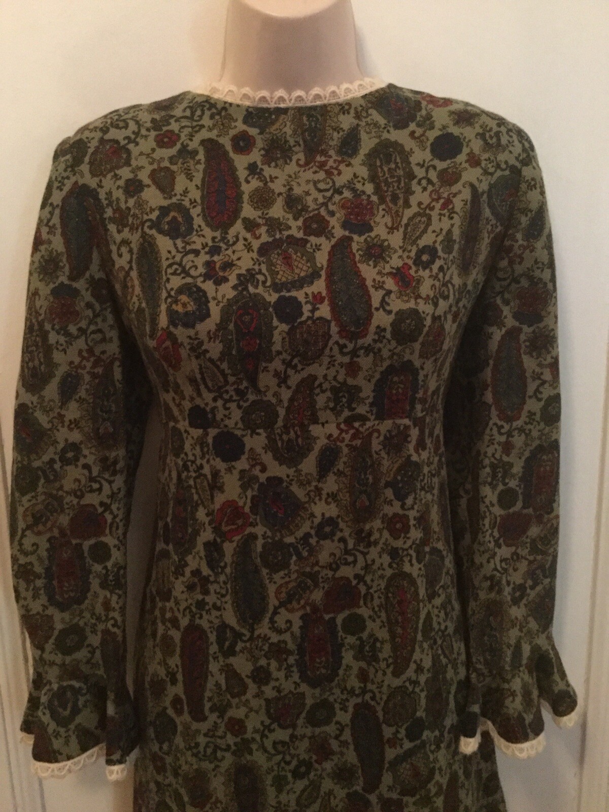 1960s 70s Psych Folk Boho Paisley Green Empire Groovy Carnaby Go Go Lace S/M