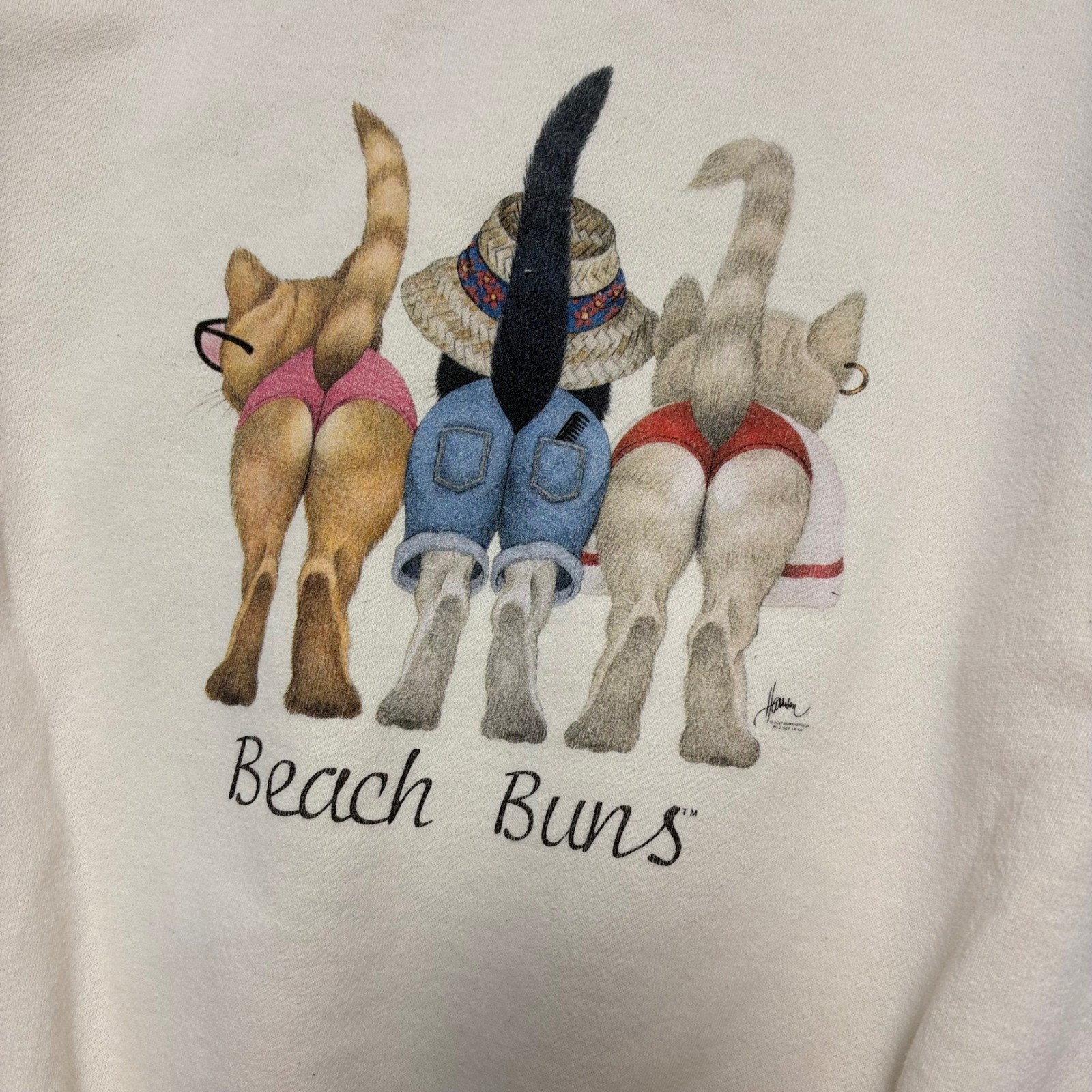 Vintage 1996 Bob Harrison Beach Bums Cats Sweatshirt XXL Newport Beach USA Cream