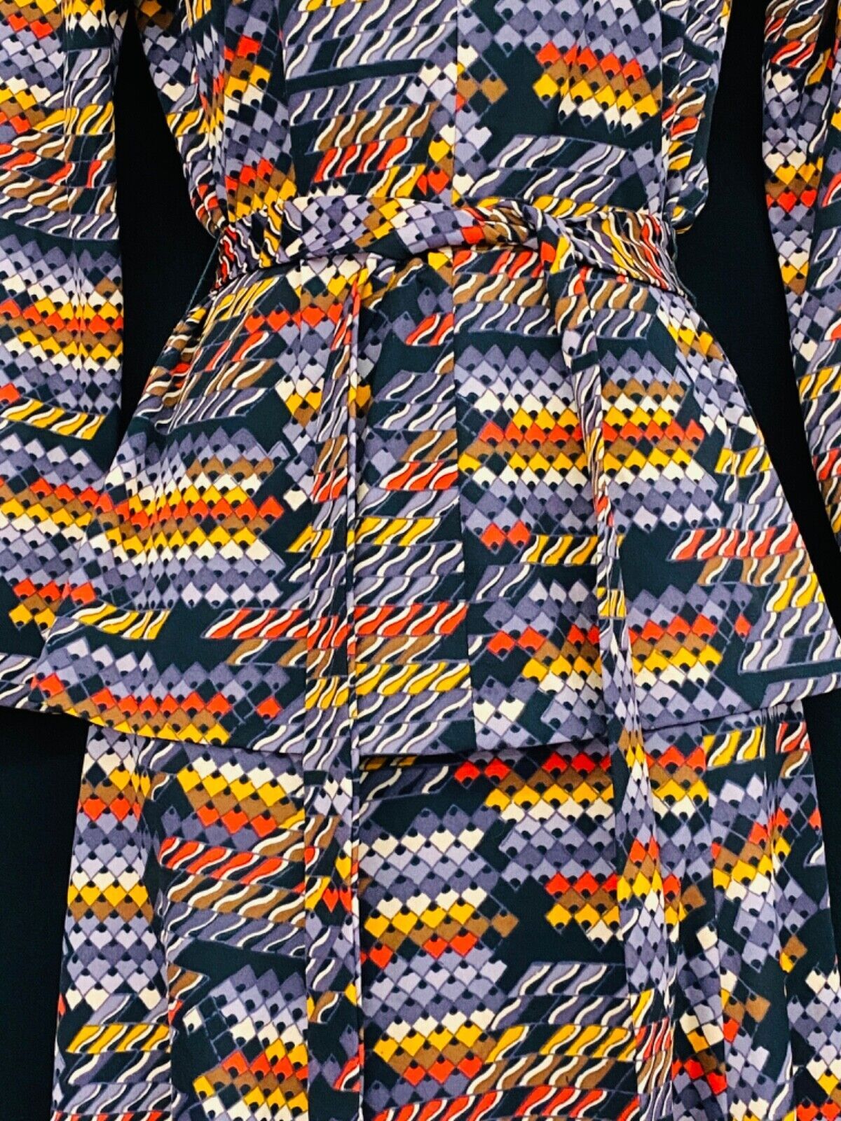 Vintage 1970s colorful cowl-neck dress set, skirt top blouse long sleeve fall S