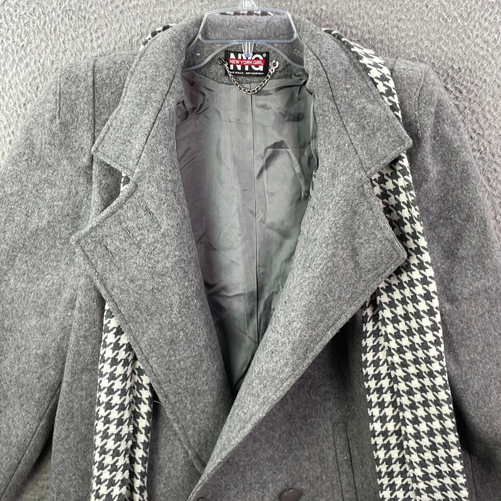 New York Girl Pea Coat Women&rsquo;s 10 Grey Vintage Houndstooth Scarf Double Breasted