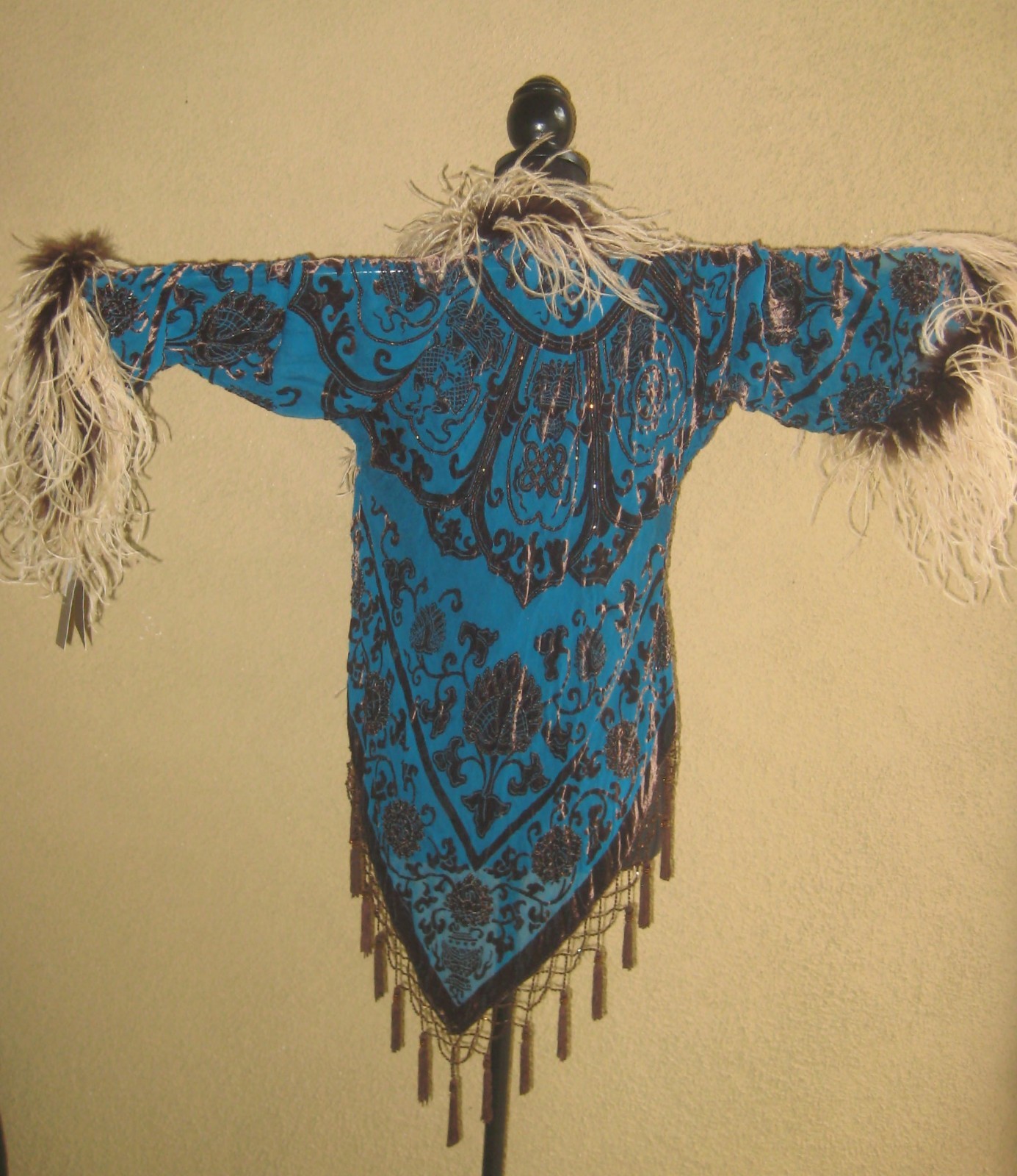 Vintage w/tag Mina Collection turquoise burnout kimono feathers sleeves wrap S/M