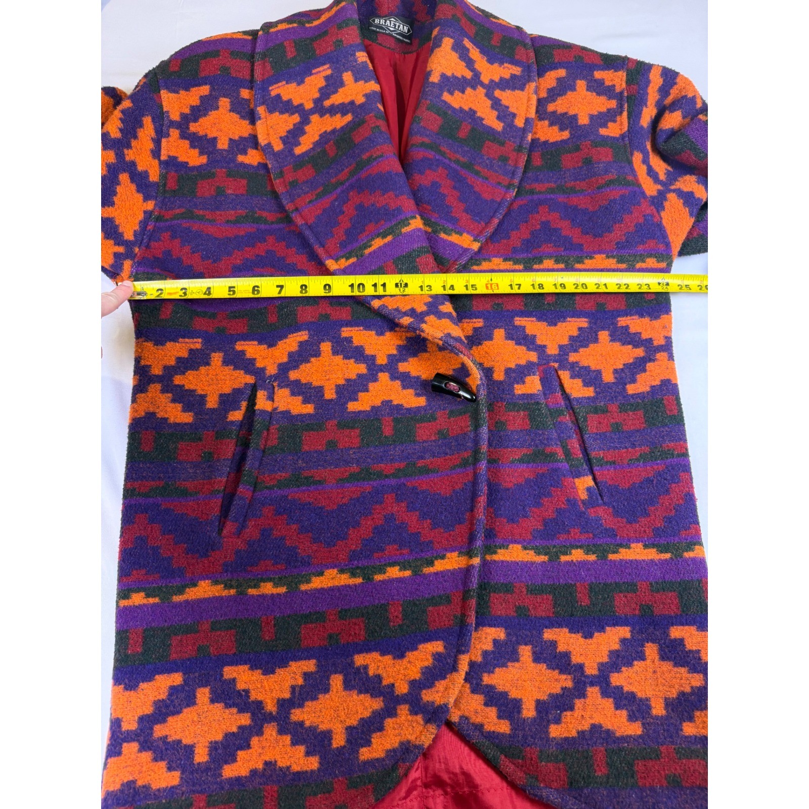 Braetan Vtg Southwestern Geometric Wool Blend Coat Purple Orange Toggle Sz Med