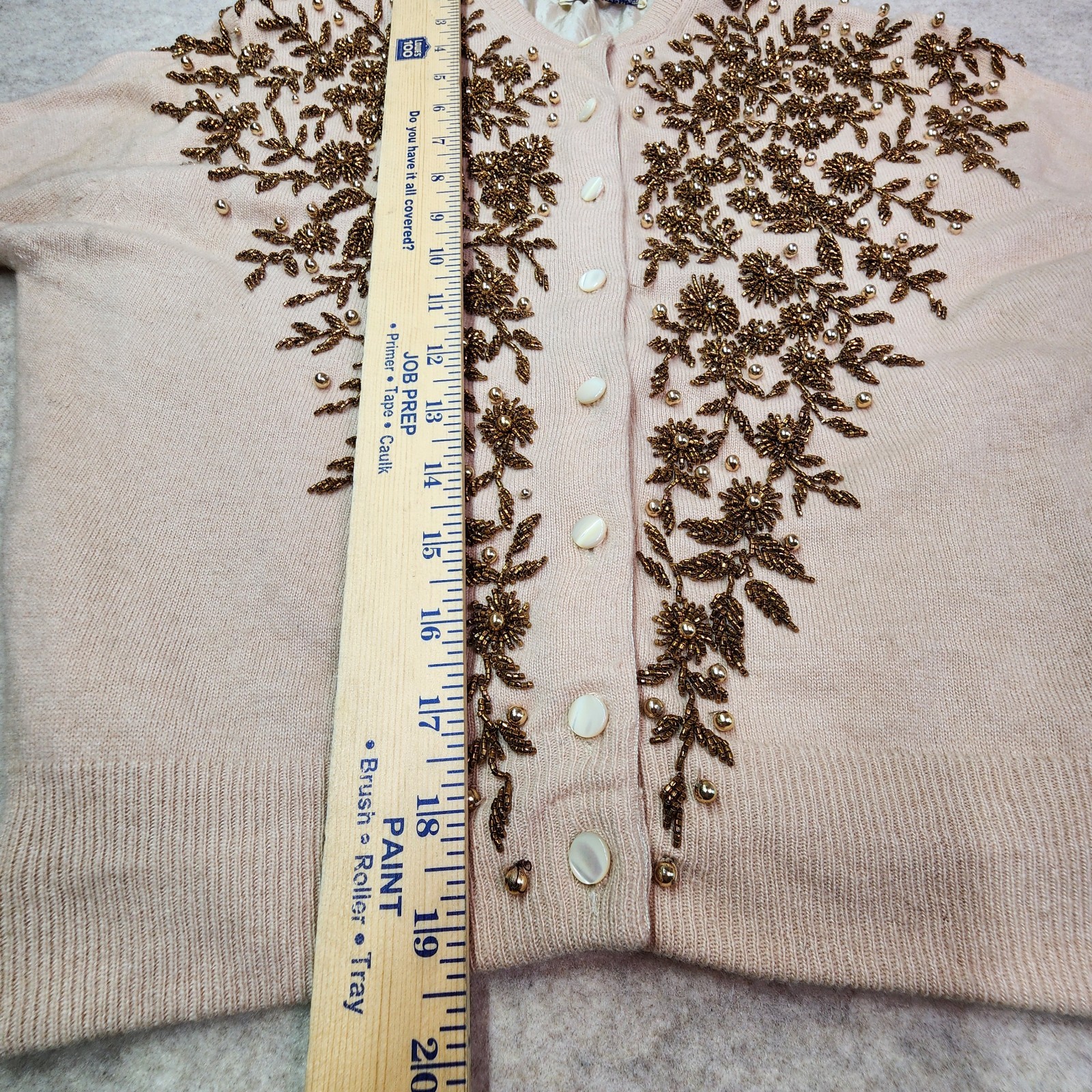 Vintage Floral Beaded Cashmere Cardigan Lined Pearlized Buttons Size 38 Gorgeous
