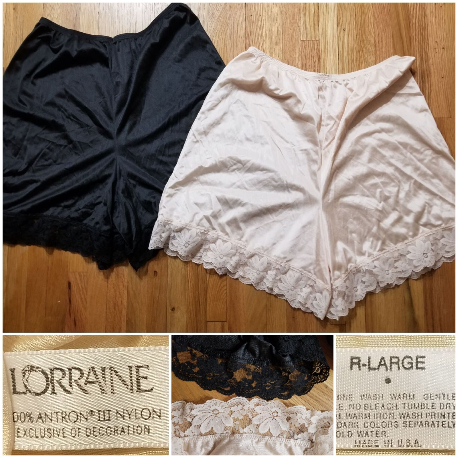 2 Pair Vintage LORRAINE PETTI PANTS Size L Beige & Black Lace Trim Made in USA